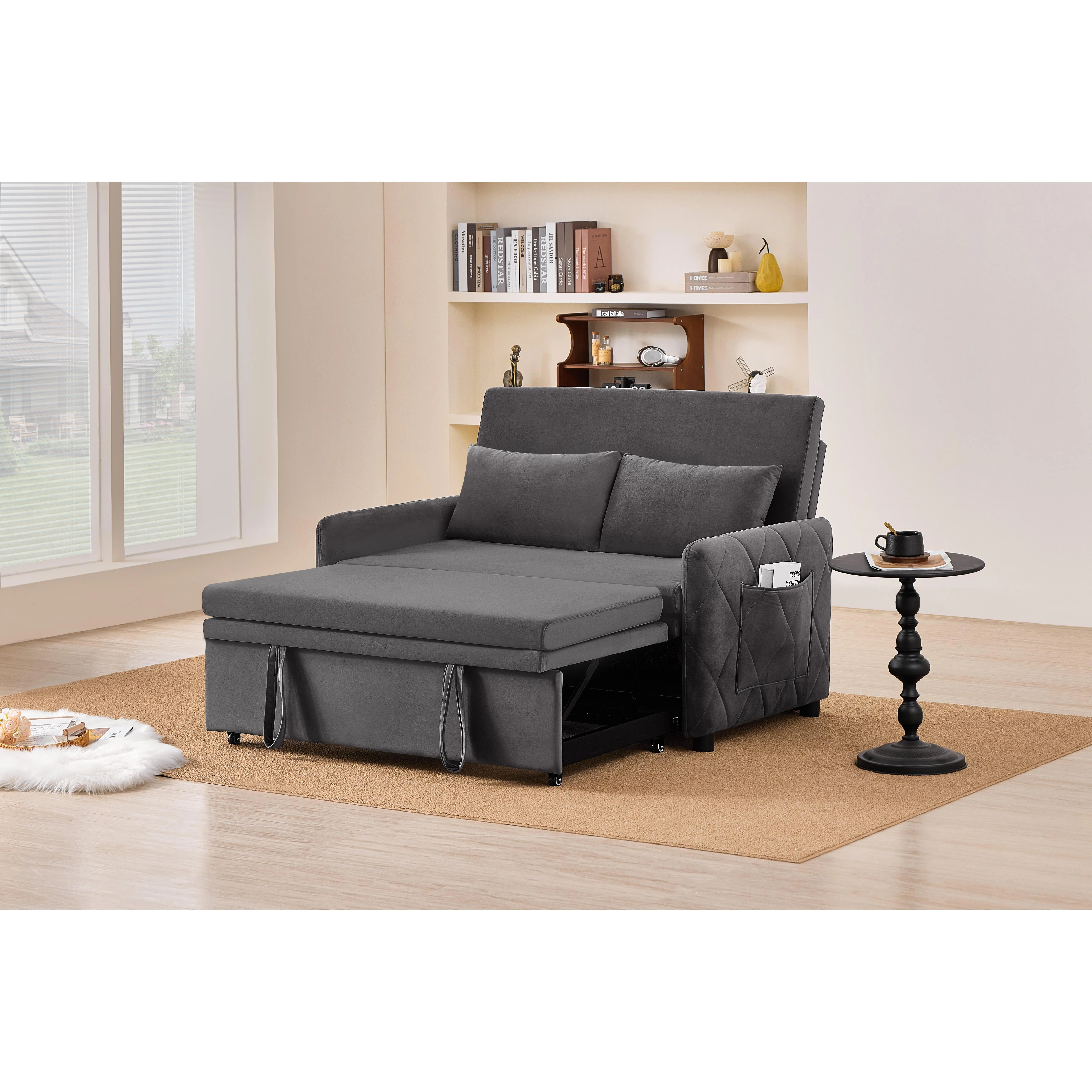 ARCH Convertible Sleeper Sofa Bed 51.2" Velvet Loveseat with Pull-Out Bed 5-Position Adjustable Backrest Side Pocket Multi-Functional 2-Seater Couch for Living Room Apartment Small Space Gray, Gray Color Options, Velvet Material, Product Dimensions:
