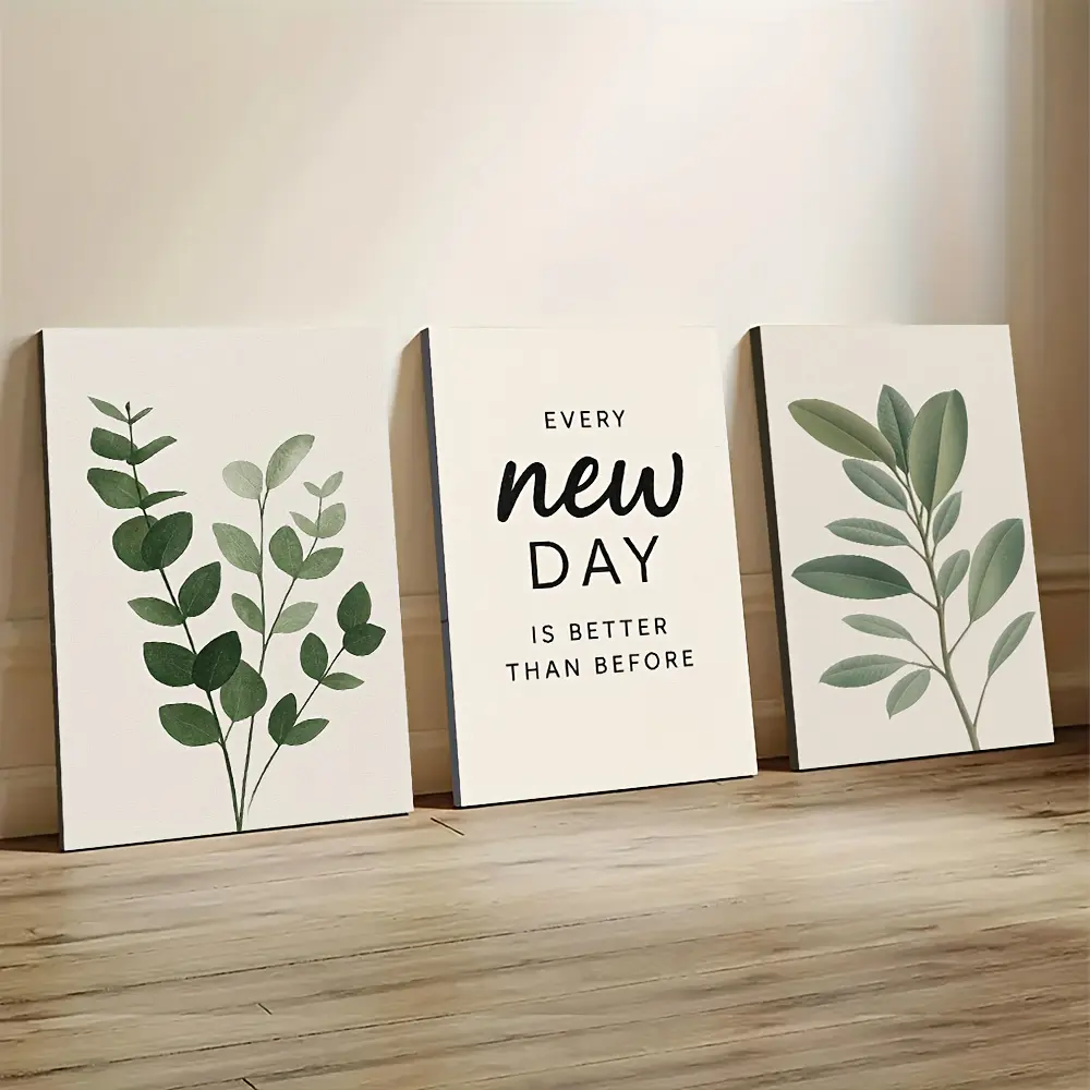 3pcs, Daily New Start  Painting - Natural Plant Elements  Print with Wooden Frame - Suitable for home, office, or living room decoration, indoor wall art - Positive and uplifting decoration - Wooden frame art