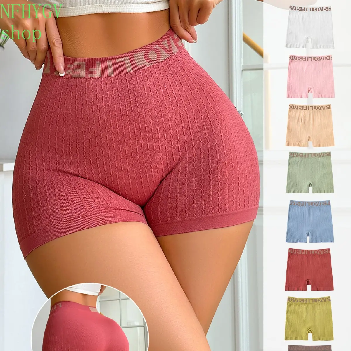 Women’s Waffle Knit Boy Shorts, Letter Wide Waistband Seamless Safety Shorts, High Stretch Soft Anti Chafing Boxer Briefs For Daily Layering, Workout And Lounge Occasions