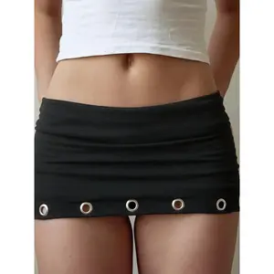 Women's Y2K Style Mental Eyelet Hollow Out Hem Design Low Waist Skirt,  Fashionable Ladies' Slim Fit Short Black Dress, Casual Sporty Skirt, Athletic Skirts