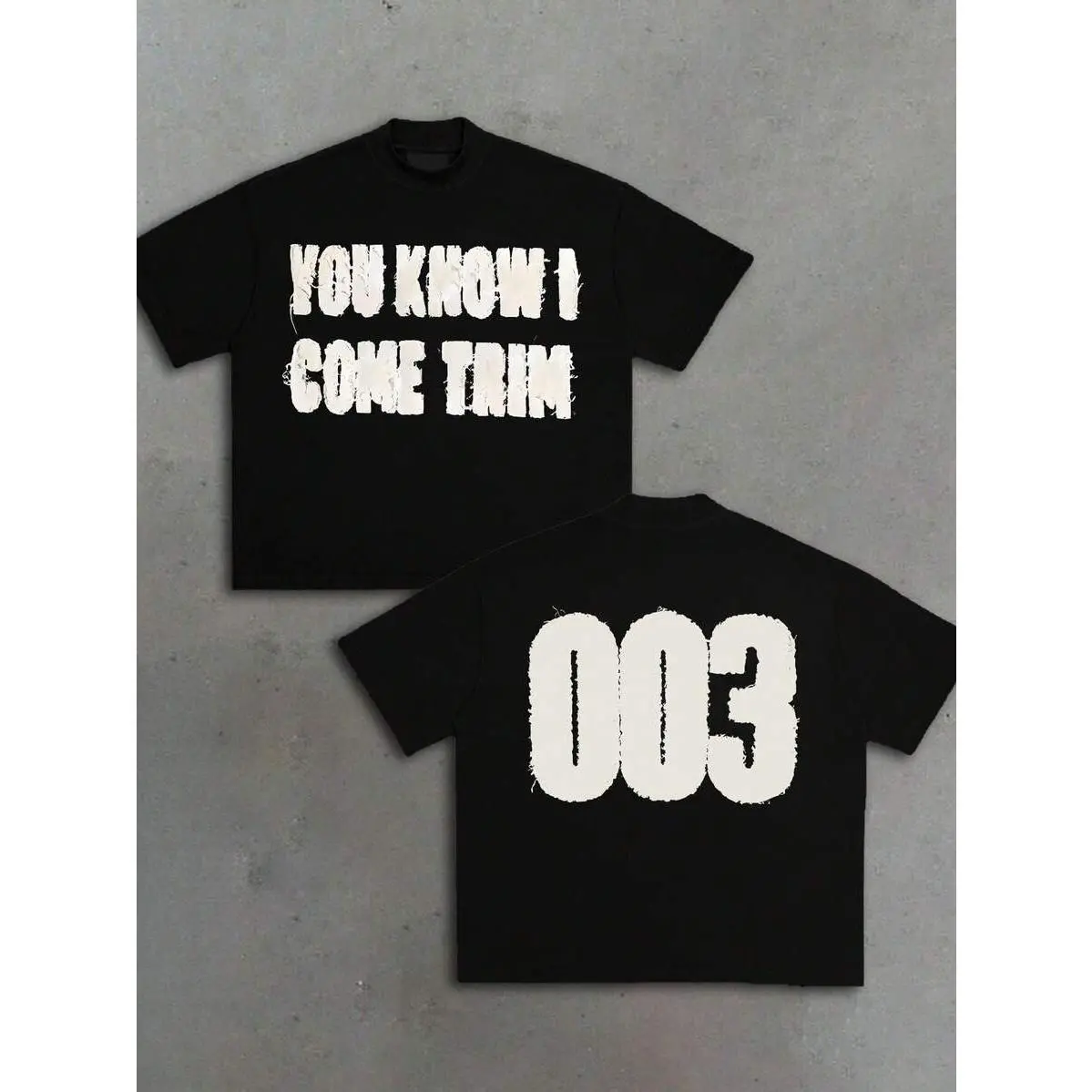 Unisex Classic Short-Sleeve Black Cotton T-Shirt - Relax-Fit Streetwear, Front Shredded Slogan Print, Back Big Frayed 003 Number Graphic, Breathable Fabric, Ideal for Evening Events, Outdoor Activities, Fits Grunge Hardware Accessories