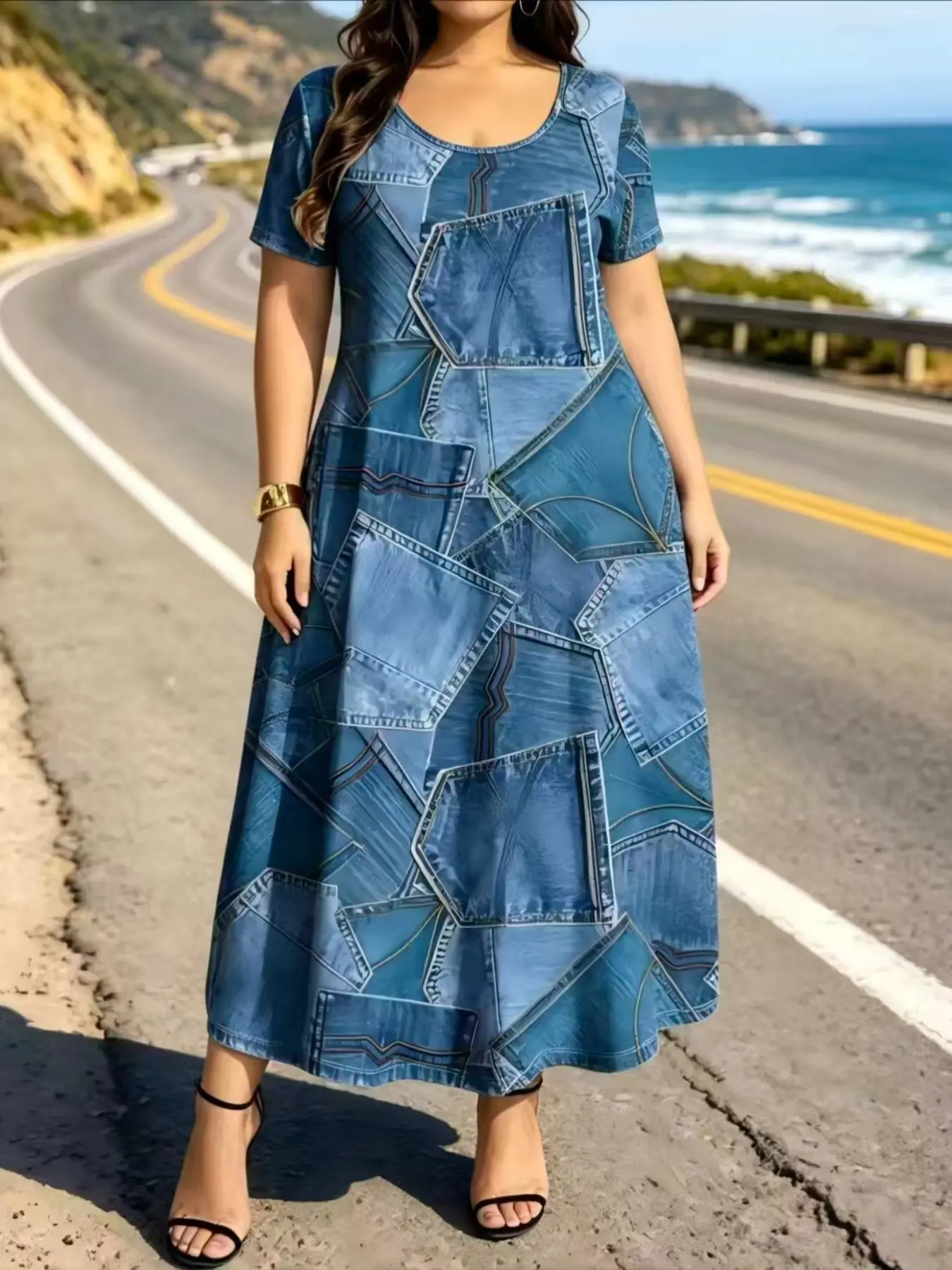 Plus Size Women's Dress with Pockets, 5 Stylish Prints Available, Abstract Art Full Print Elegant Round Neck Short Sleeve Long Dress, Casual Daily Wear Fit
