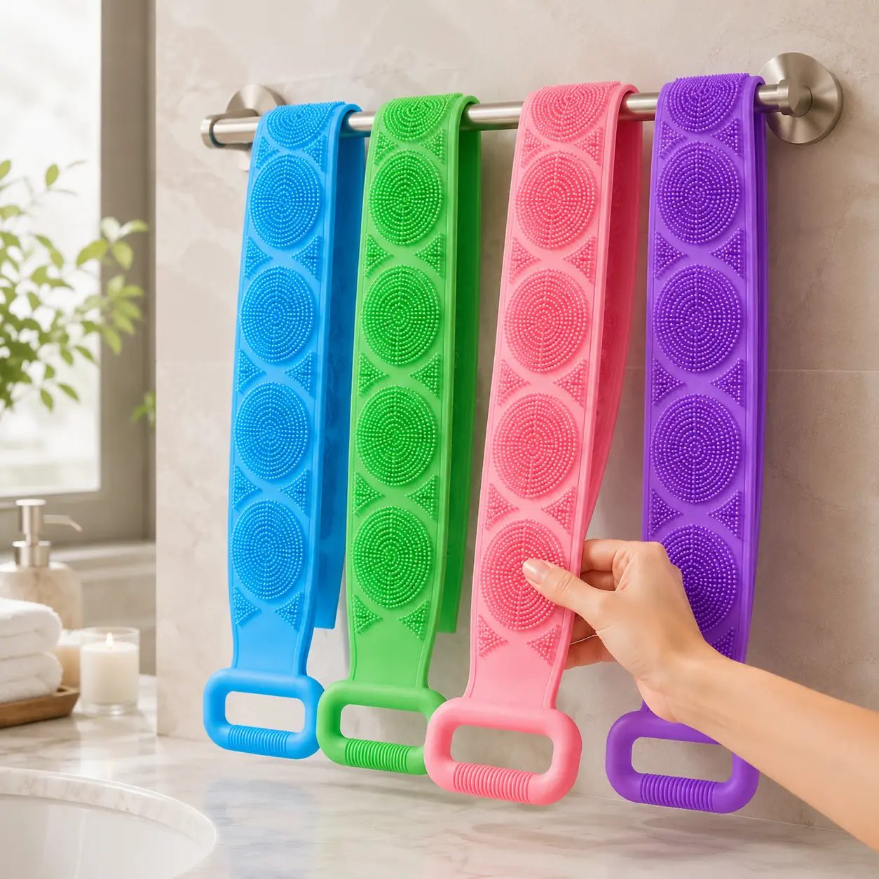 1-Piece Silicone Bath Brush, Double-Sided Exfoliating Back Scrubber with Mesh Sponge, Long Body Scrub Strap with Soft Bristles & Handles, Shower Bath Tool for Back, Body Cleaning, At-Home Self Care