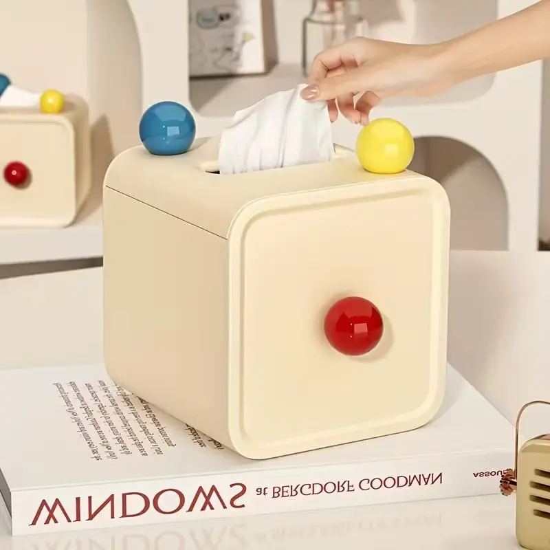 Fashion Cream Color Tissue Box with Colorful Balls, Square Plastic Stand, Ideal for Bathroom, Living Room, and Vanity Decor