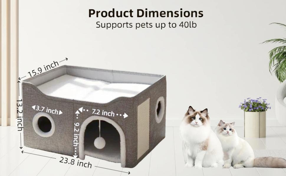 Cat Beds for Indoor Cats - Large Cat Cave for Pet Cat House with Fluffy Ball Hanging and Scratch Pad, Foldable Cat Hideaway, 23.8x15.9x13.2 inches, Grey