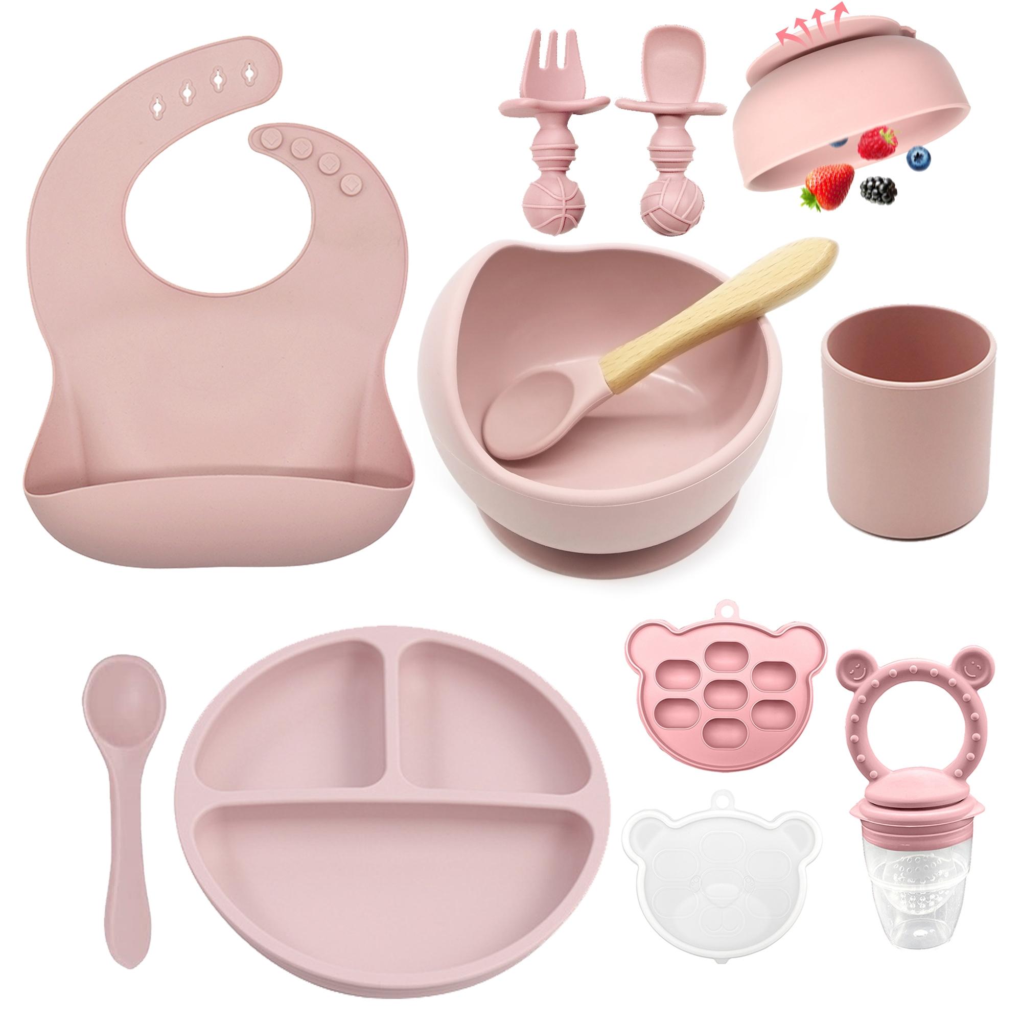 Baby Feeding Set Silicone Smiley Face Plate, Snail Bowl, Bear Food Box, Bib, Cup, Forks, BPA Free Trays, Play Food Tableware, Baby Food Tools for Infants, Cutlery Utensil Sets