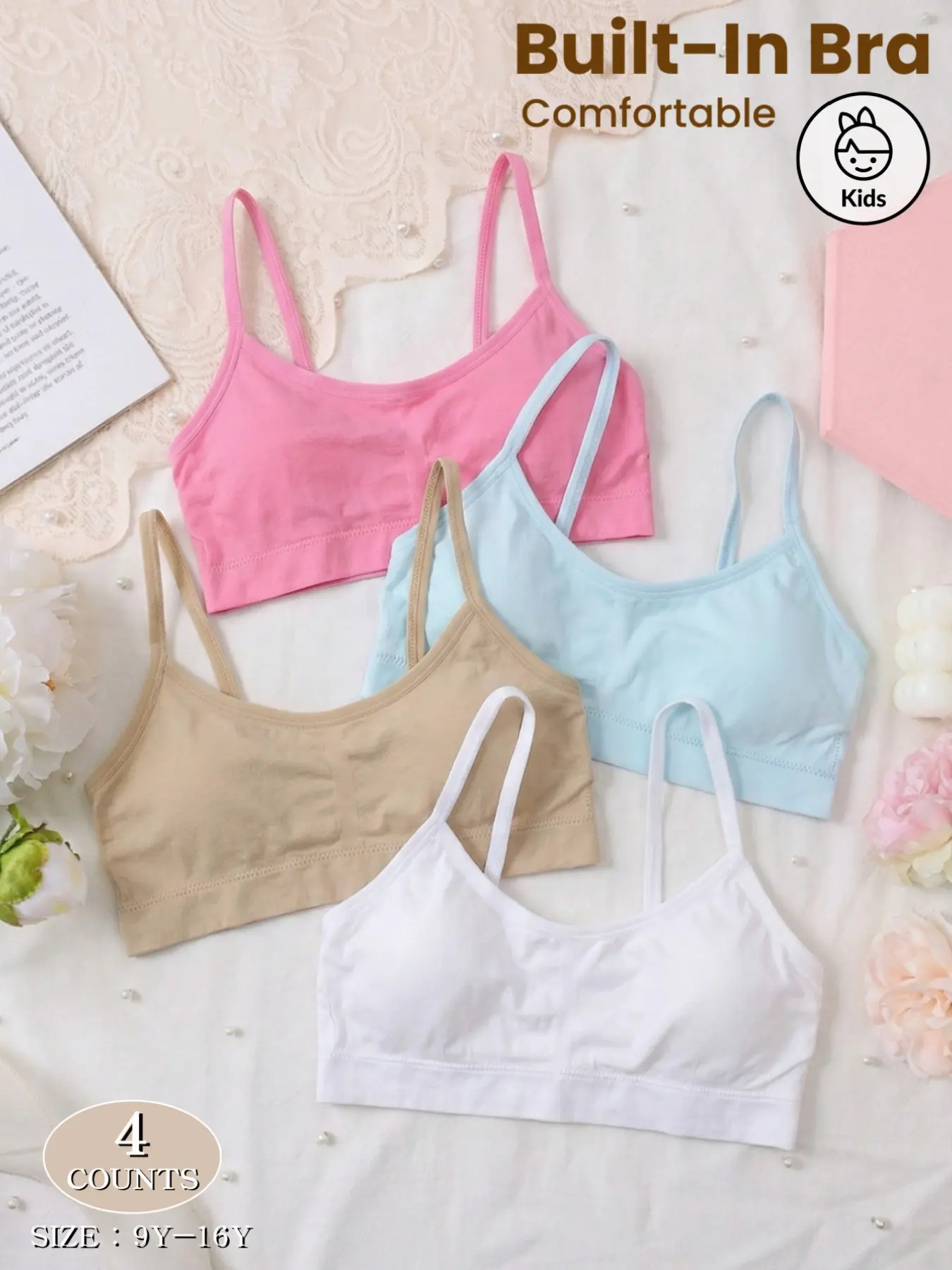 Girls' Tank Top Bra with Pads, Breathable Comfort Fit, No Steel Ring Design, Ideal for Ages 9-16, Casual Plain Style, Tween Bras