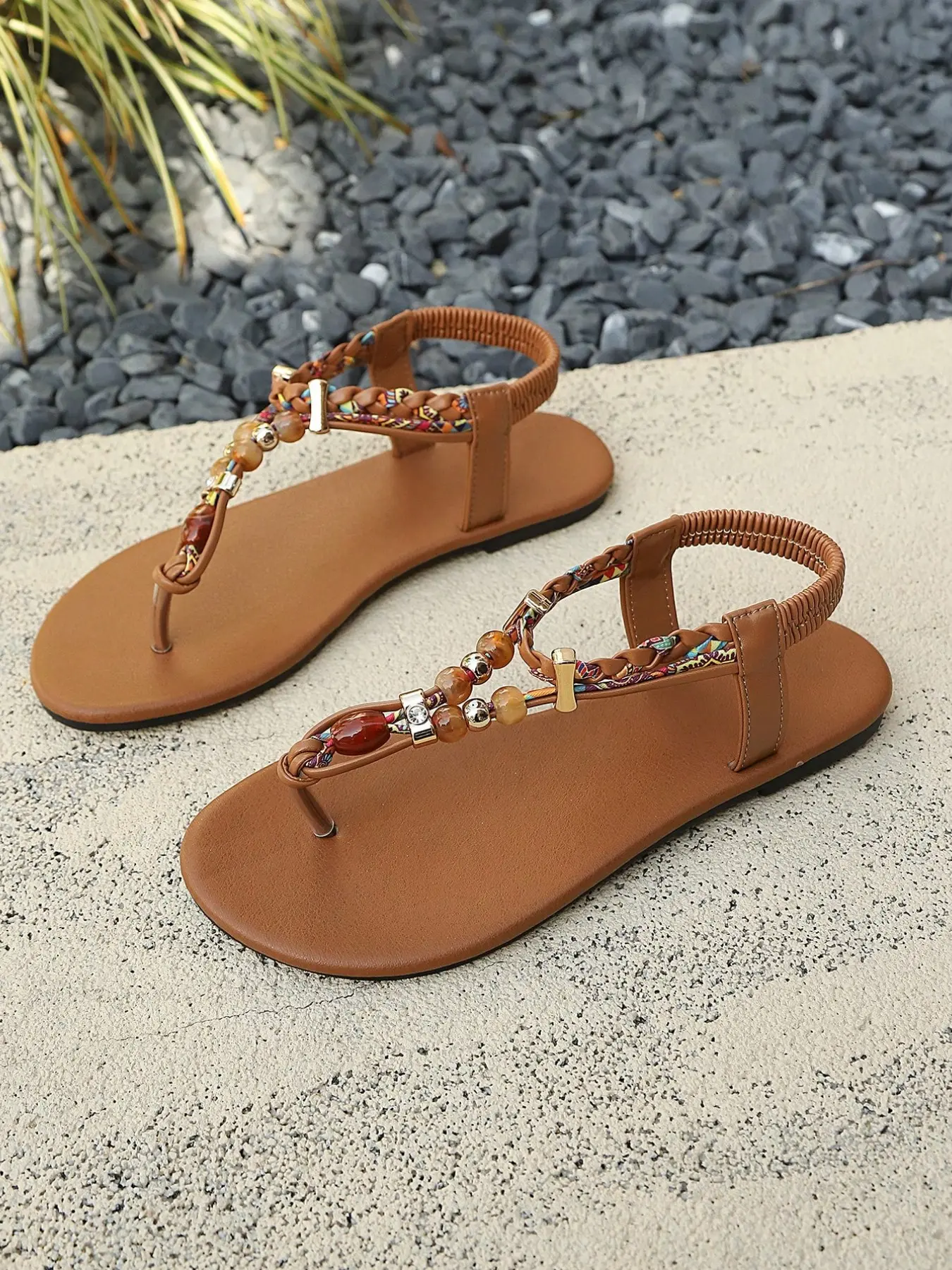Bohemian Sandals, Beaded Flat Slip-On Shoes, Ethnic Flower Flip Flops, Fashion Women's Beach Vacation Footwear, Stylish Summer Comfort
