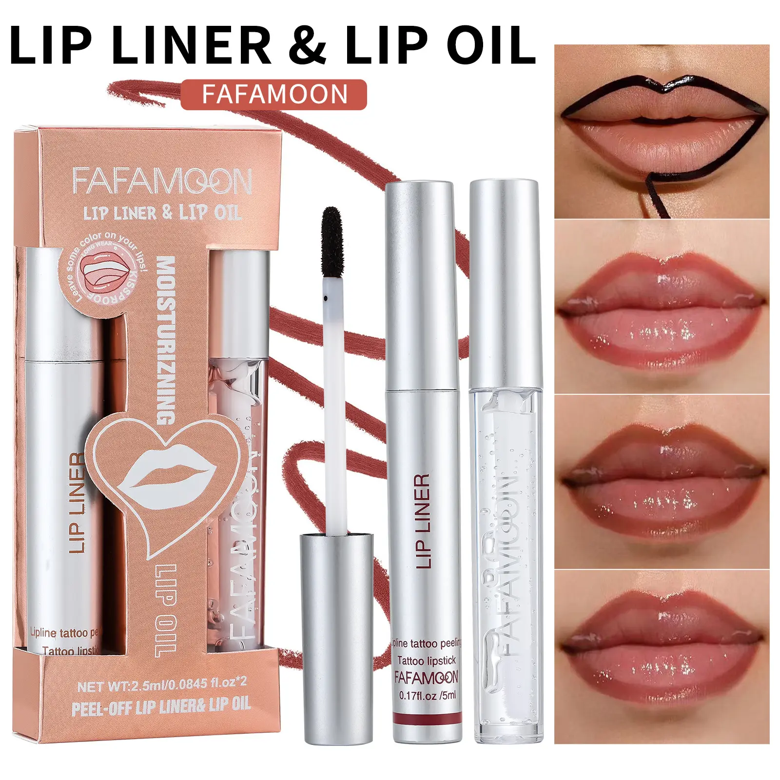 2 in 1 Peel Off Tattoo Lip Liner & Clear Lip Oil Set  Waterproof Long Lasting Transfer Proof Peelable Lip Stain Liner High Shine Moisturizing Plumping Lip Gloss Oil Lip Makeup Kit with Hydrating Shiny Lip Oil Plumping Gloss Lip Makeup for Full Lips