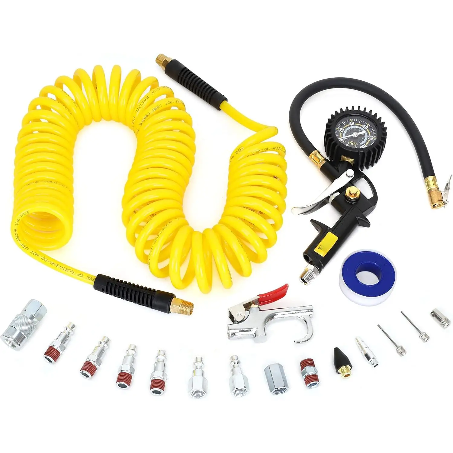18 Pieces Air Compressor Accessories kit, 1/4 in x 25 ft Recoil Poly Air Compressor Hose Kit, 1/4" NPT Quick Connect Air Fittings, 100 PSI Tire Inflator Gauge, Blow Gun, Couplers and Plugs
