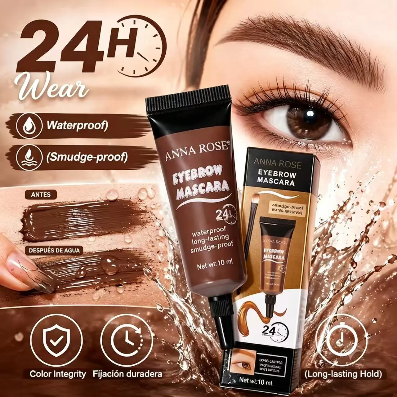 ANNA ROSE Waterproof Eyebrow Mascara Cream with Angled Precision Brush, 3 versatile warm brown shades. Buildable tinted gel fills sparse brows, shapes fluffy natural hair-like brows, smudge-proof sweat-resistant long-lasting.