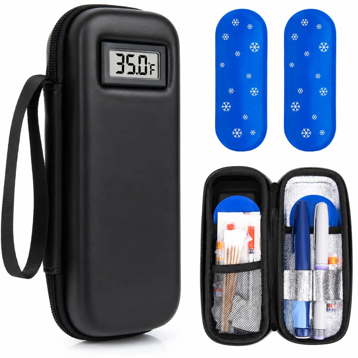 Insulin Cooler Travel Case with Temperature Display Diabetic Refrigerated Medicine Cooler 2 TSA Ice Packs Black for Trip Daily Use