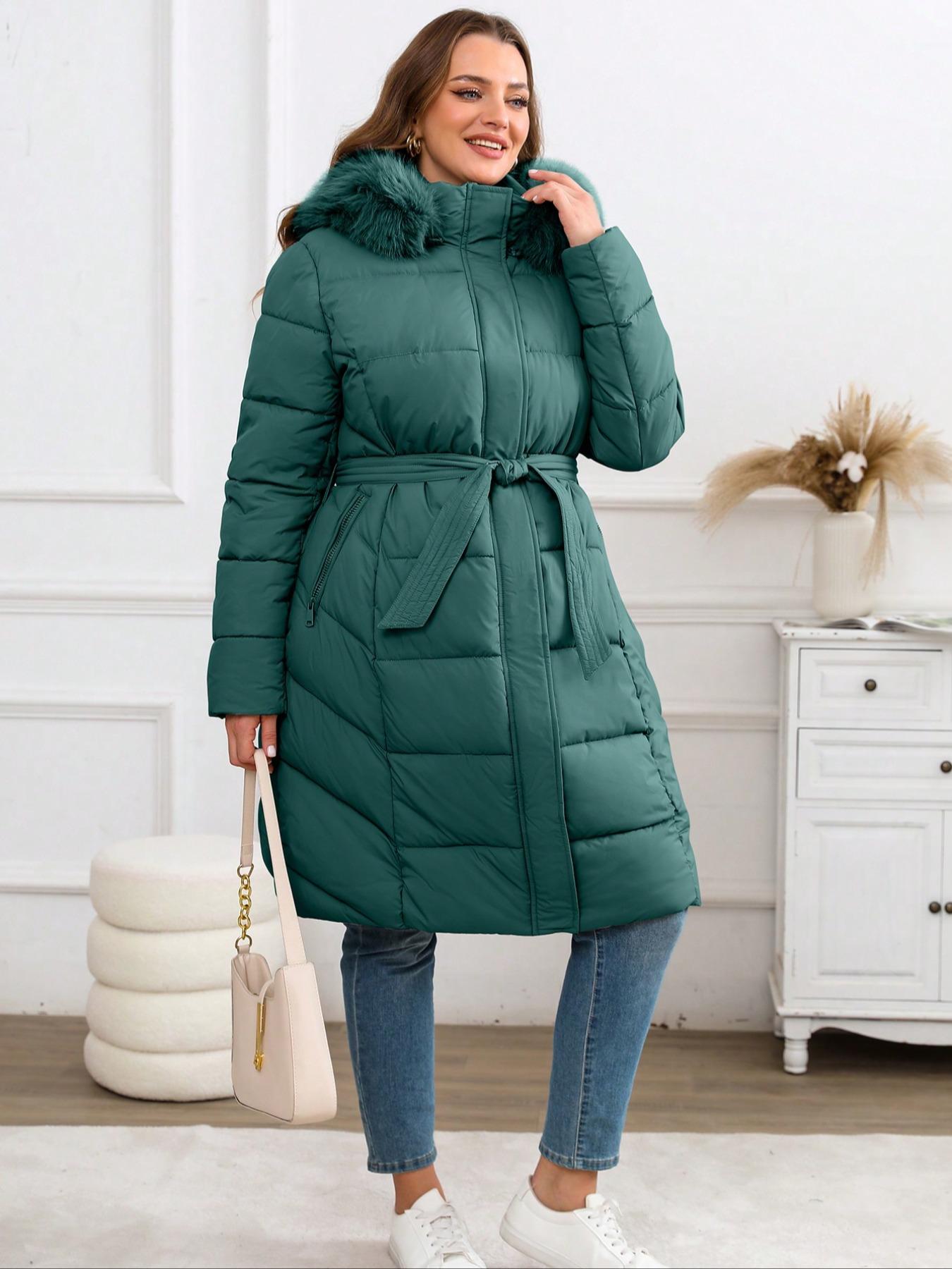 Women's Winter Cotton Jacket, Hooded Long Sleeve Warm Coat, Fitted Plain Style, Fall & Winter Fashion, Includes Belt