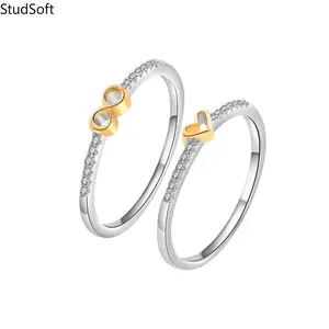 Women 925 Sterling Silver Ring Set Two Tone Infinity Heart Stacking Rings Fashion Cubic Zirconia Promise Jewelry Cute Birthday Gift for Her Girlfriend