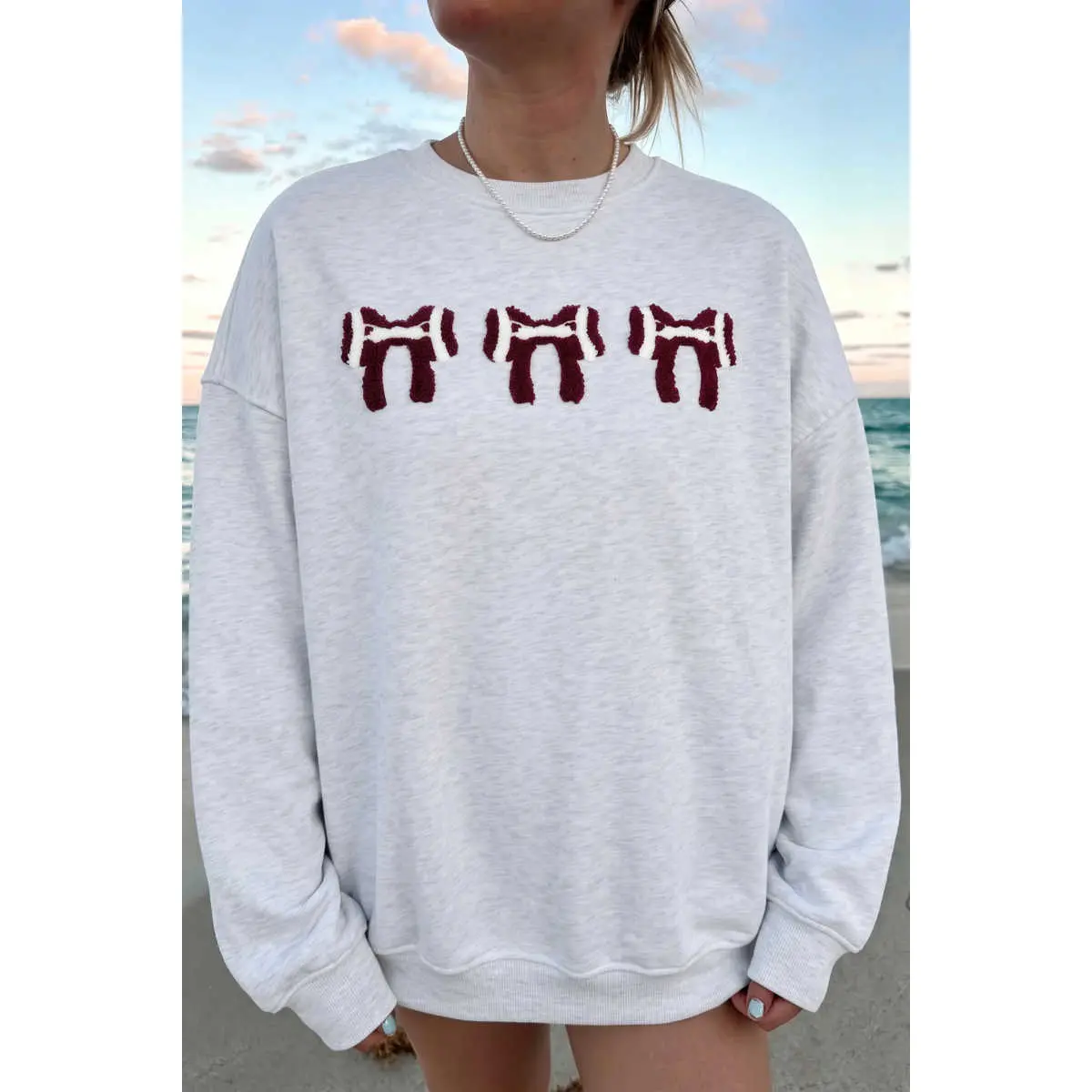 Gray Chenille Embroidered Rugby Bow Game Day Oversized Sweatshirt Fabric Fleece
