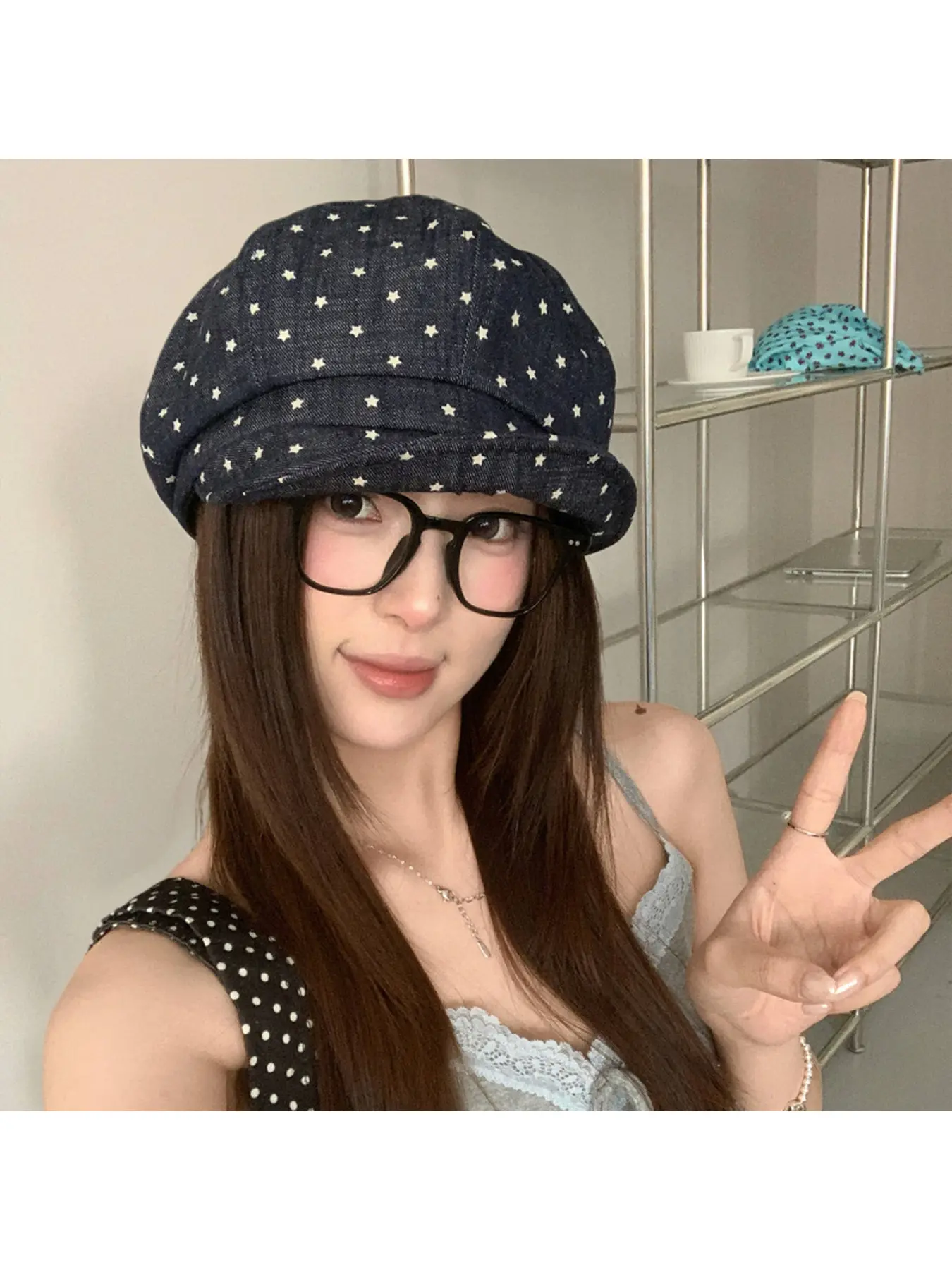 Women's Korean-style star print denim hats, vintage denim berets, bucket hats, baseball caps, casual sun hats