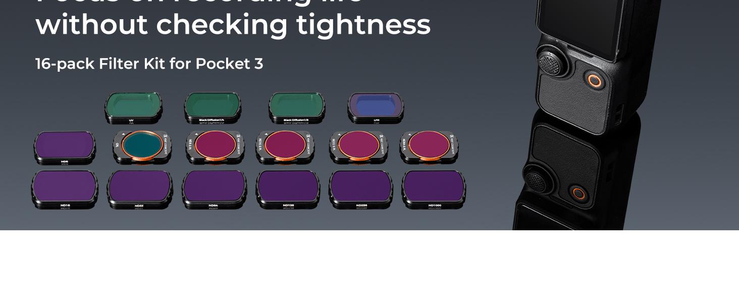 K&F CONCEPT 16-pack Filters Compatible with DJI Osmo Pocket 3, Magnetic UV CPL ND Black Diffusion Light Pollution Filter Kit