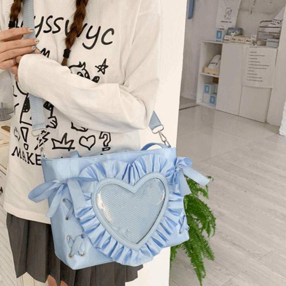 Creative Lace-up Heart Itabag Ribbon PU Anime Tote Bag Badge Display Love PVC Transparent Shoulder Bag Men