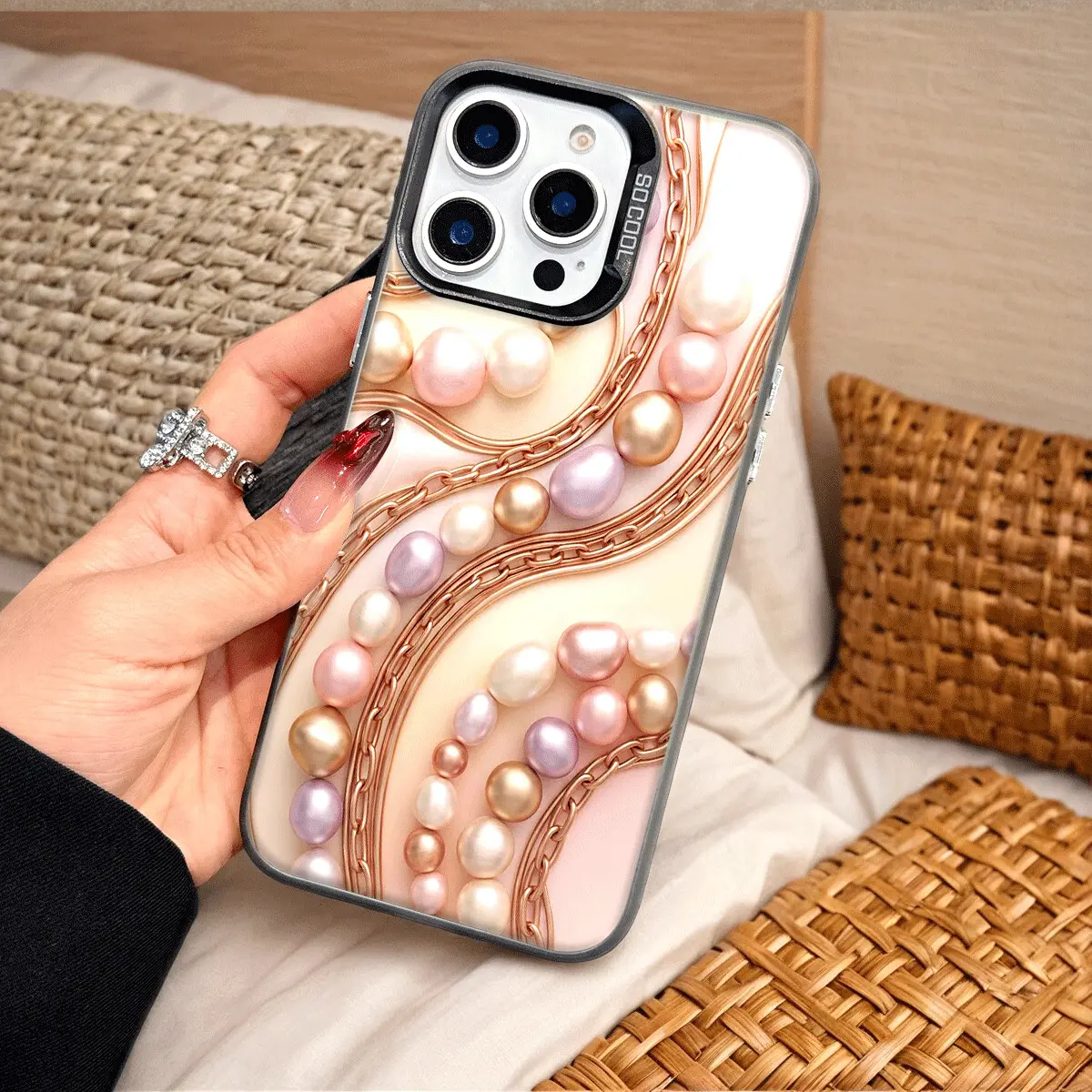 Aesthetic 3D Baroque Pearl Phone Case for iPhone |   Elegant Rose Gold Chain Jewelry Design for iPhone 17/16/15/14/13/12/11 Pro/Pro Max/Plus