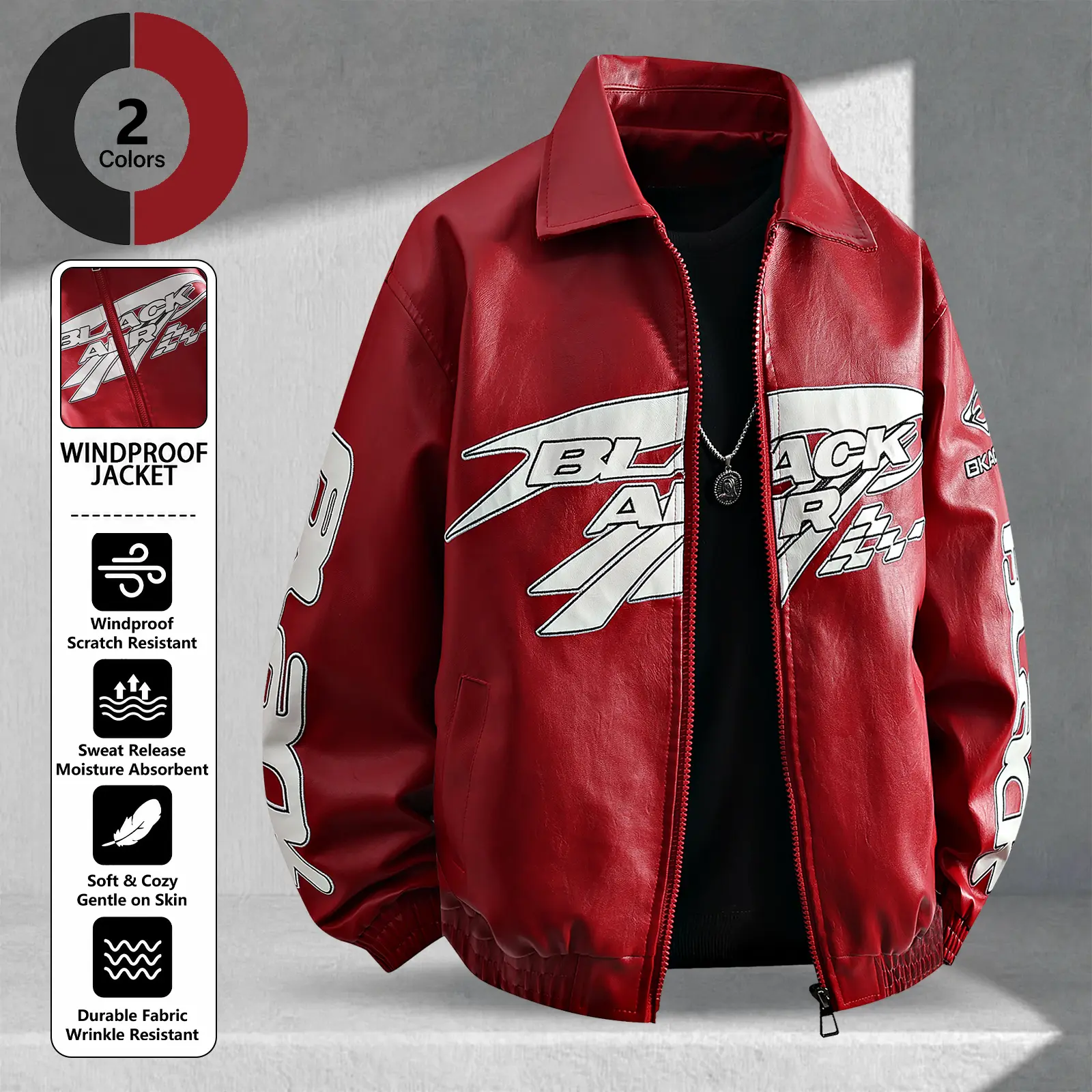 Men's Vintage Faux Leather Motorcycle Jacket - PU Racing Biker Coat, Lapel Collar, Full Zip, Windproof, Scratch Resistant, Retro Print, Streetwear Casual Loose Fit Moto Outerwear for Fall Winter with Ribbed Cuffs & Hem