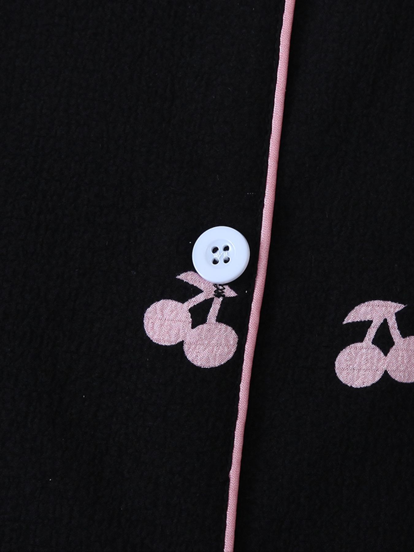 Two-Piece Set Women's Cherry Print Contrast Binding Lapel Shirt & Bow Decor Shorts Pyjama Set, Button Front Short Sleeve Sleep Top & Elastic Waist Shorts PJ Set, Summer Sleepwear Set for Ladies, Pajamas, Loungewear