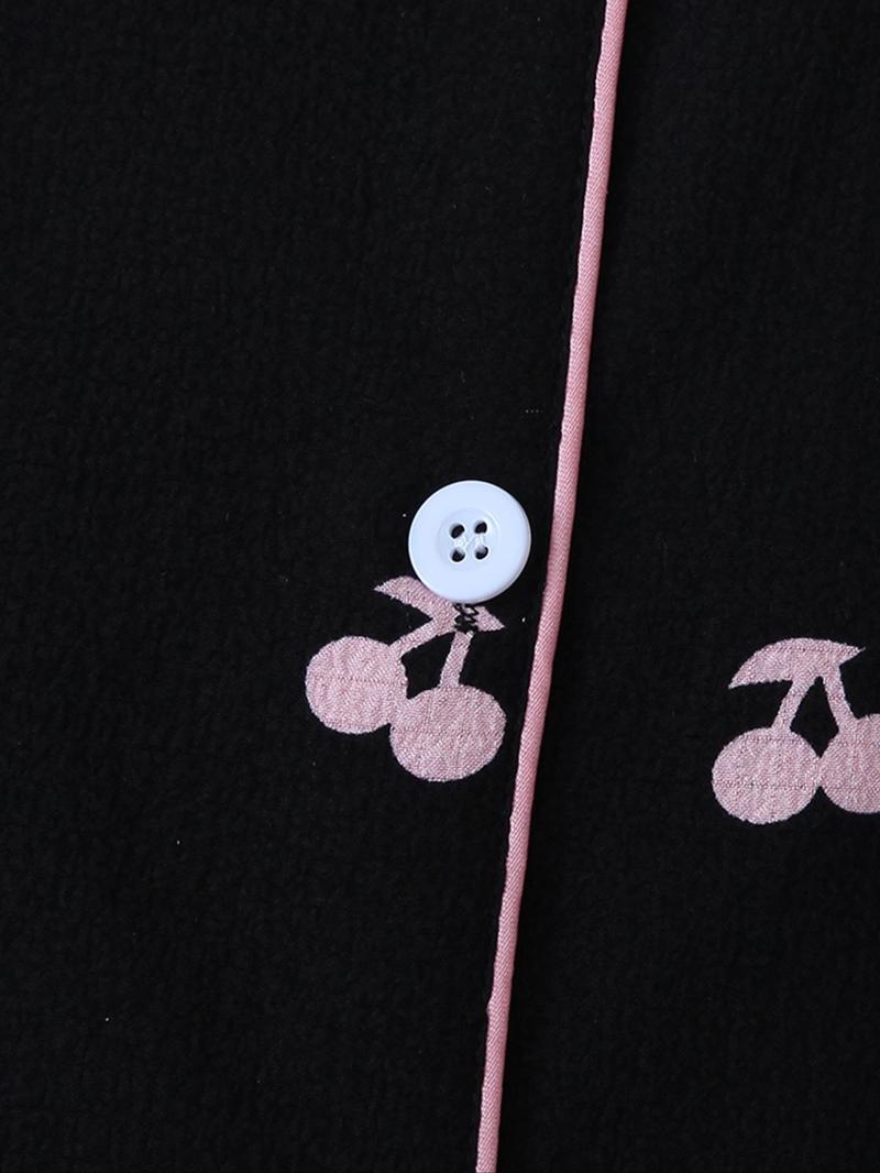 Two-Piece Set Women's Cherry Print Contrast Binding Lapel Shirt & Bow Decor Shorts Pyjama Set, Button Front Short Sleeve Sleep Top & Elastic Waist Shorts PJ Set, Summer Sleepwear Set for Ladies, Pajamas, Loungewear