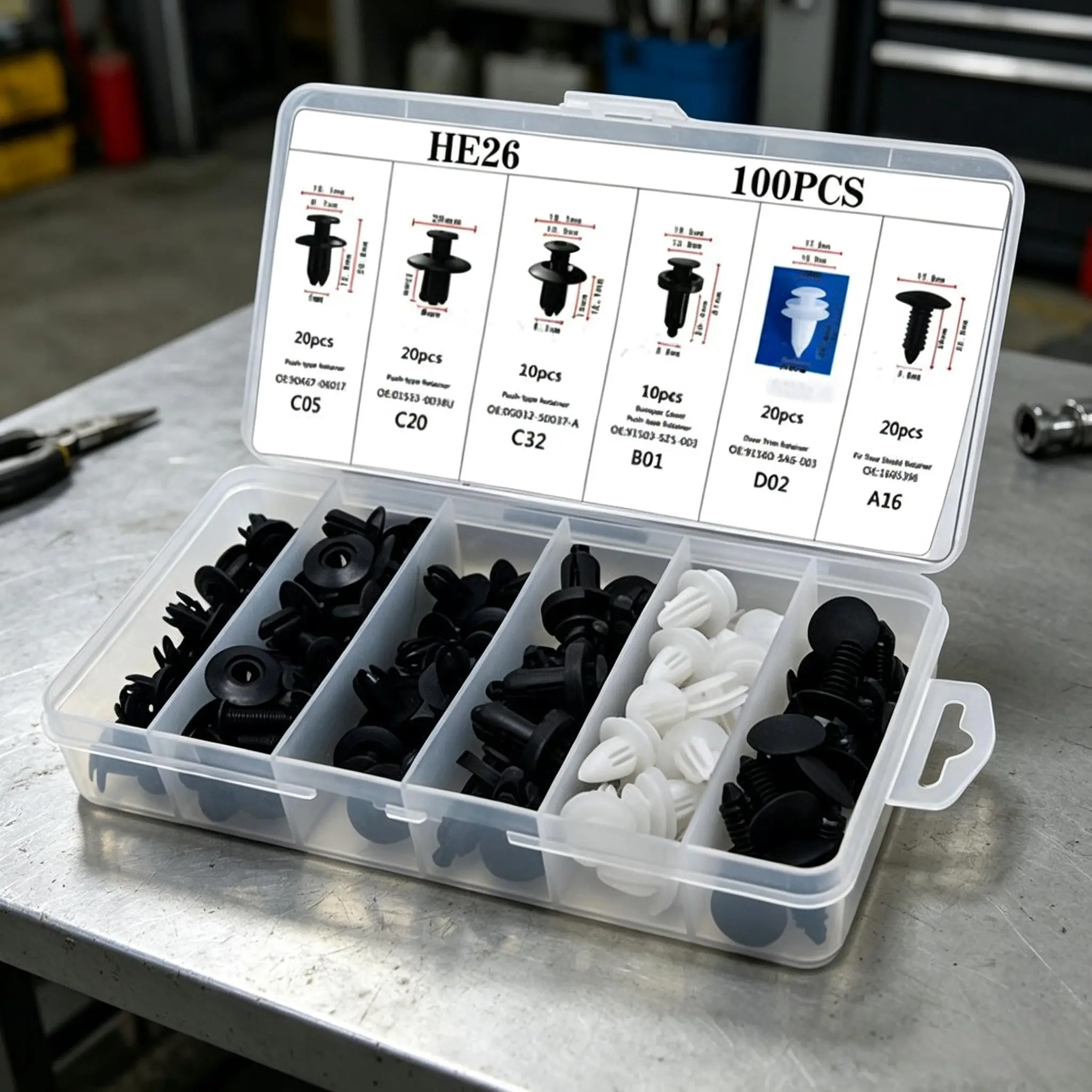 100Pcs HE26 OEM Car Push Retainer Clips Kit, 6 Sizes Universal Auto Plastic Fasteners Rivets Replacement for Fender Liner, Bumper, Door Trim Panel, Wheel Arch, Engine Shield, Trunk, Fits Ford Chevy Honda Toyota Dodge All US Domestic & Import Vehicles