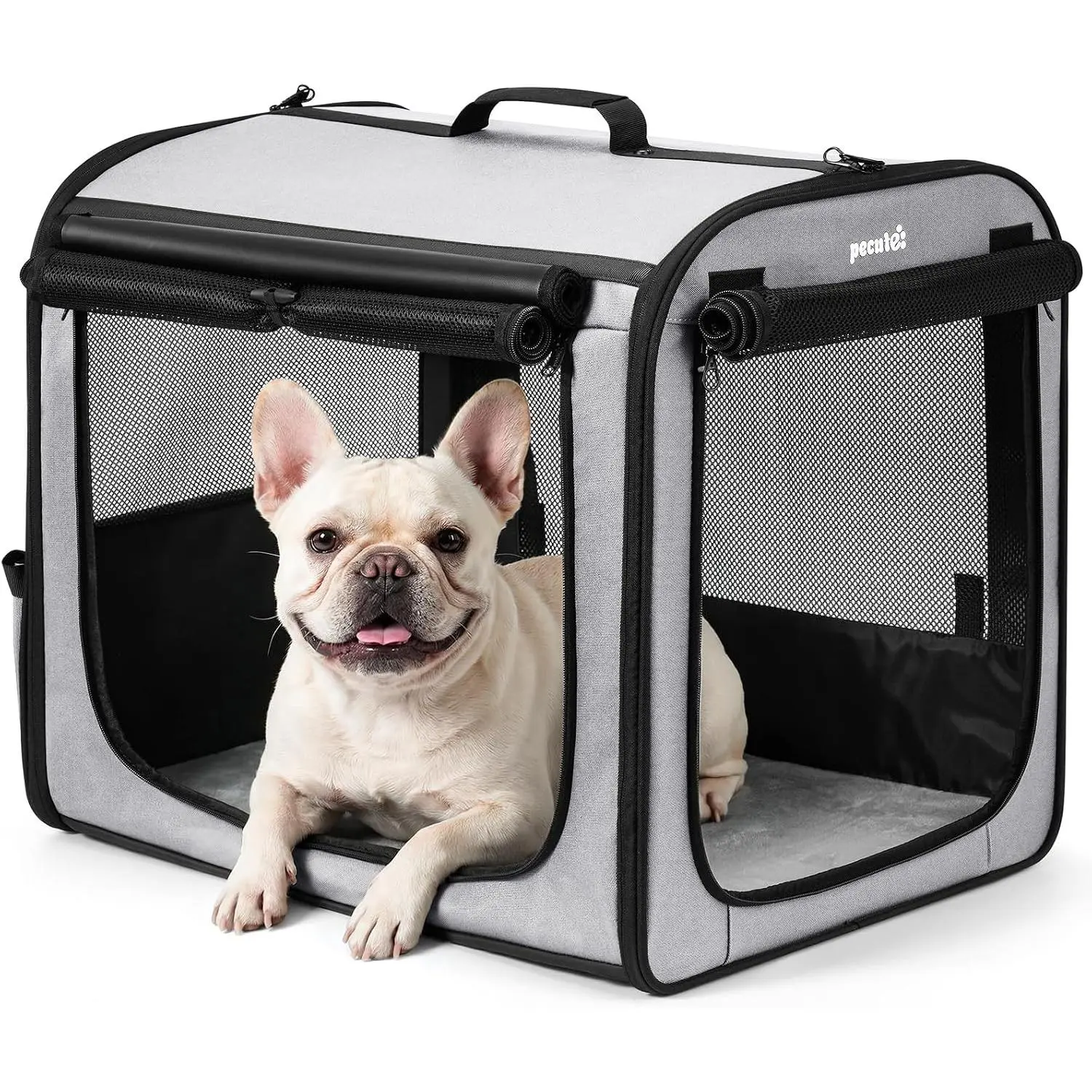 Light Weight Dog Car Carrier 24×17.7×20.5in, Easy to Assemble, Portable Breathable Foldable Pet Travel Crate for Indoor and Outdoor Use, with Curtain Gray