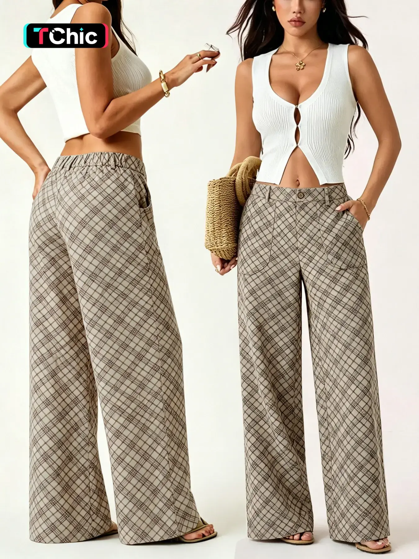 Women's Plaid/pure Color High-Waisted Wide-Leg Loose Pants, Four-Season Long Pants, Casual Fit Trousers, Stylish and Comfortable, Casual, Fit, Perfect for Daily Wear