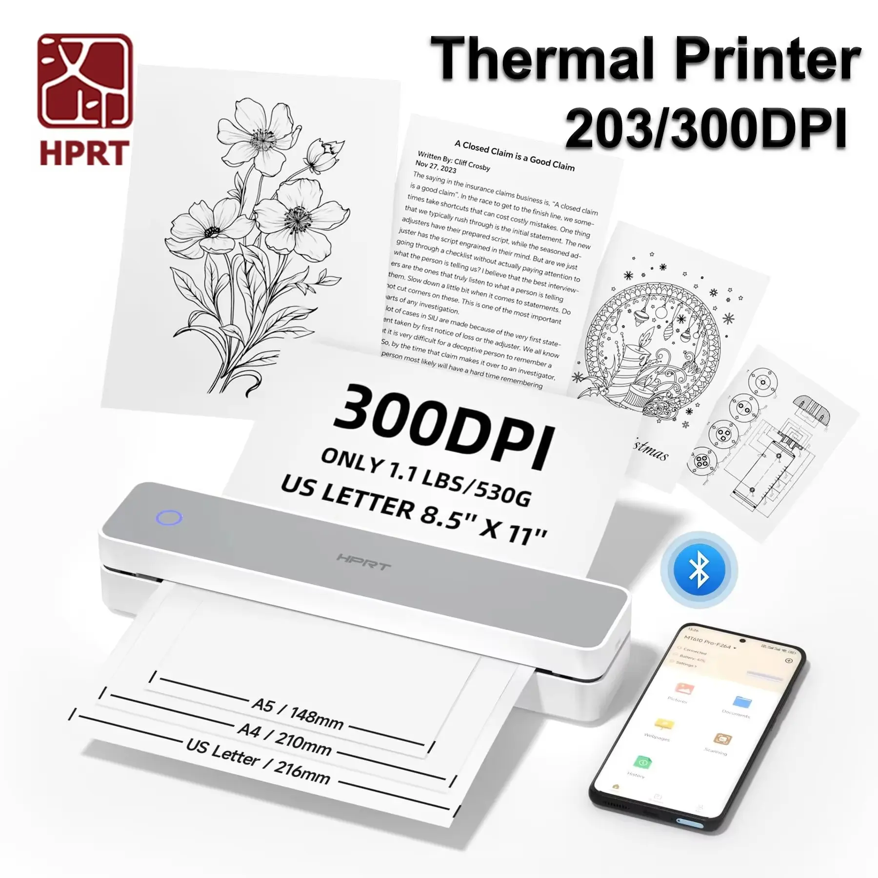 Hprt Mt610/mt610pro Portable A4 Thermal Printer, Bluetooth-compatible Wireless Inkless, 203dpi/300dpi, Ideal for Office, Travel, Photos