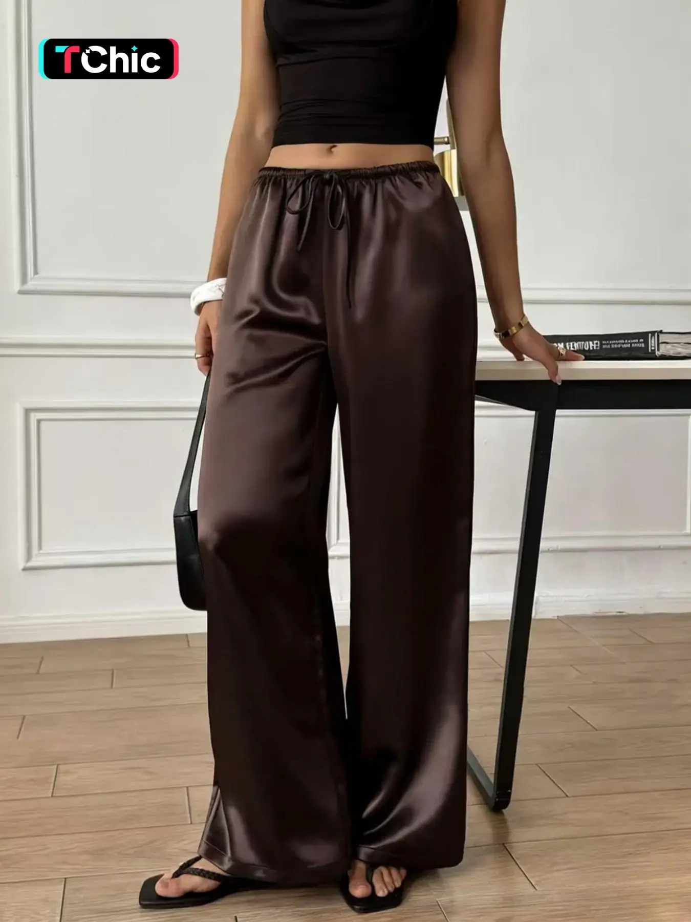 Coffee Brown Satin Wide Leg Pants Women High Waist Loose Fit Elastic Waist Drawstring Trousers Silky Flowy Straight Leg Palazzo Pants Elegant Chic Casual Lounge Holiday Fashion Bottoms