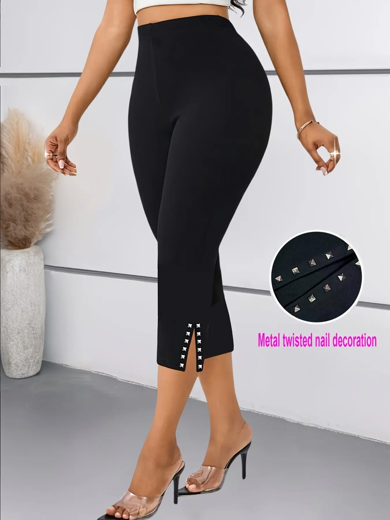 New Bestselling Patched Metal Studs Elastic Skinny Seven-Quarter Pants Leggings, Festival Party Wear, Versatile Soft Breathable Bottoms