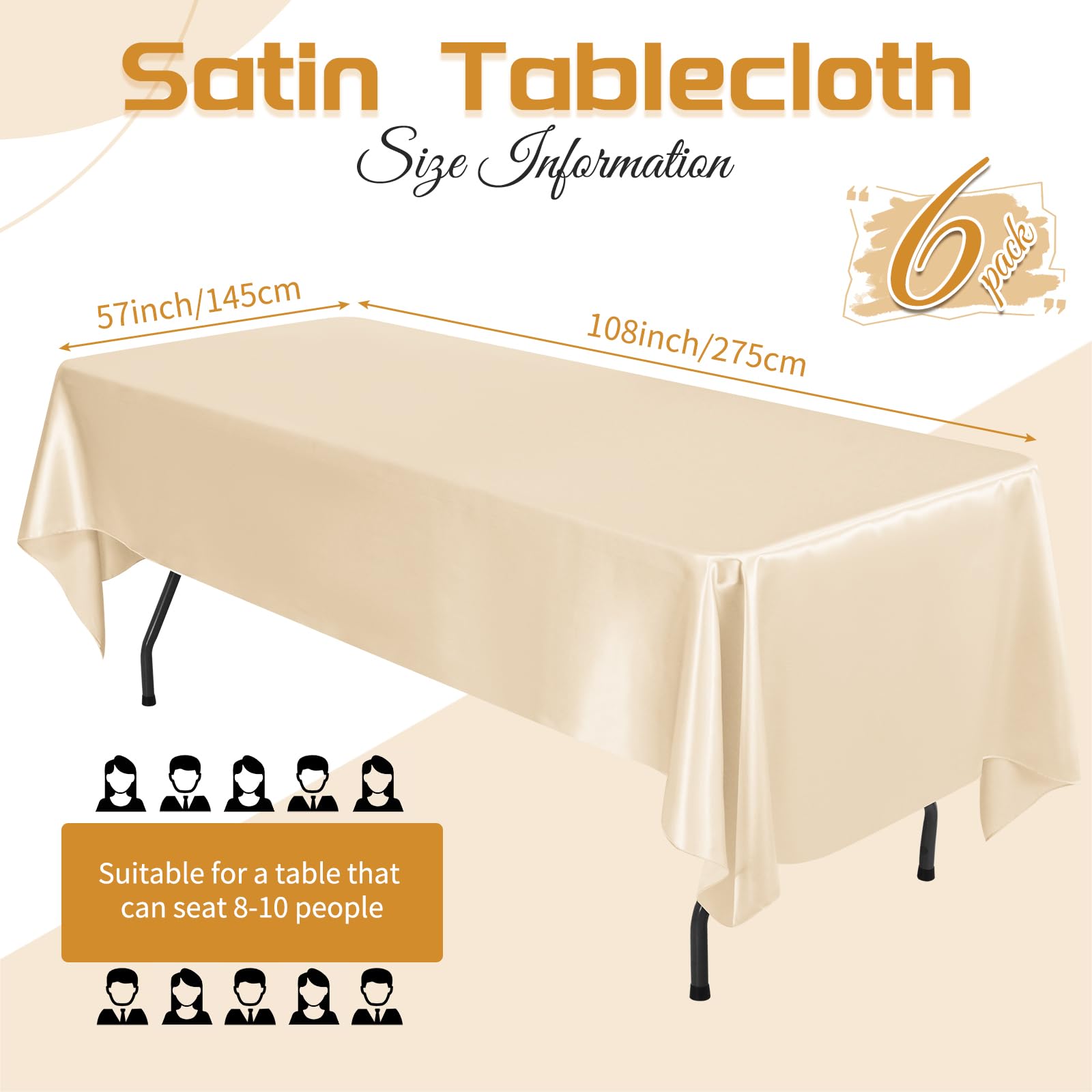6 10 Packs Satin Tablecloth Rectangular Tablecloths 57x108 Inch, Overlay Satin Table Cover Bright Silk Tablecloth Smooth Fabric Table Decoration for Wedding Party Banquet Events