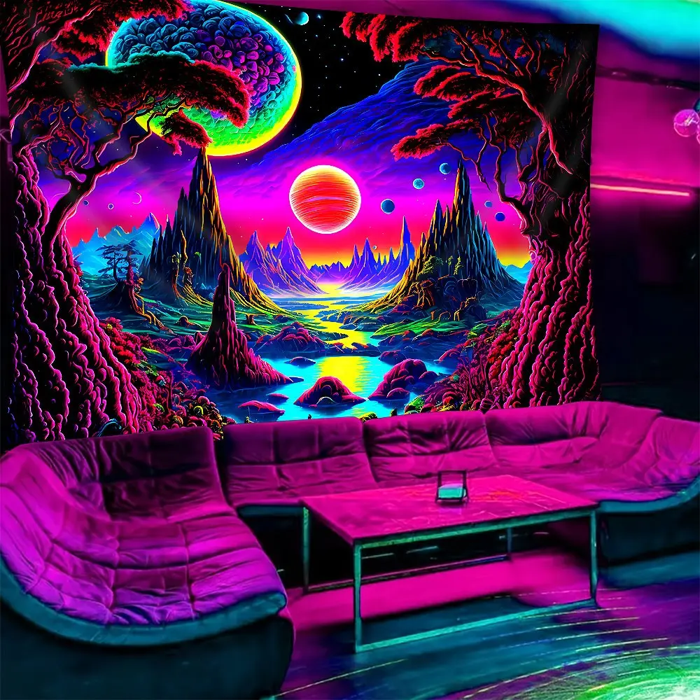 Fantasy Starry Galaxy Design UV Reactive Fluorescent Tapestry, Decorative Tapestry, Trippy Tapestry, Tapestry Room Decor, Alien World Glow-in-the-Dark Polyester Wall Decor for Home & Party Spaces, Multiple Sizes, Easy Clean, Soft & Durable