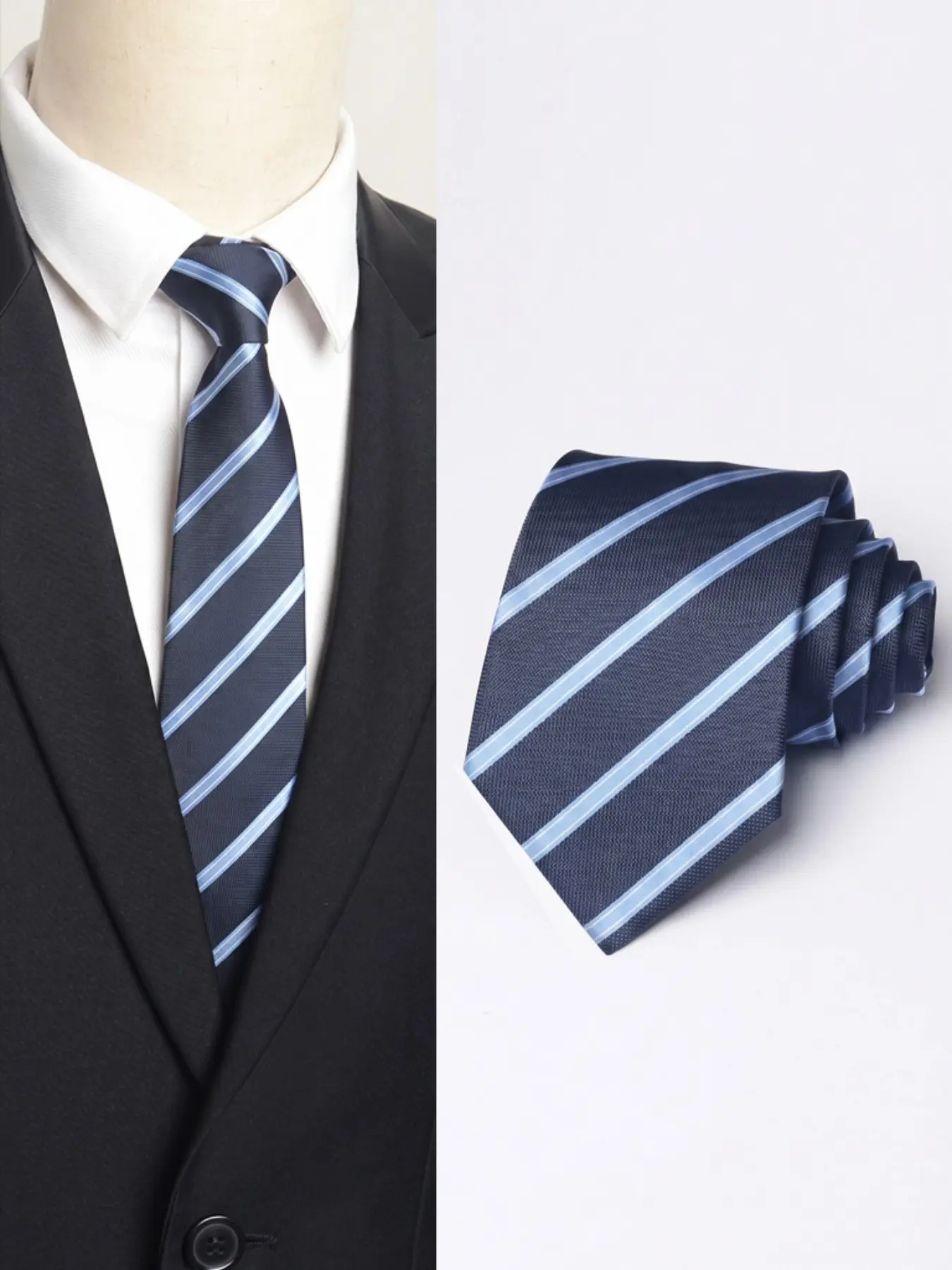 1pc Navy Blue & Light Blue Striped Necktie, Classic Business Tie for Men & Women, Formal Office Wedding Party Dress Tie, Formal Outfit Accessory