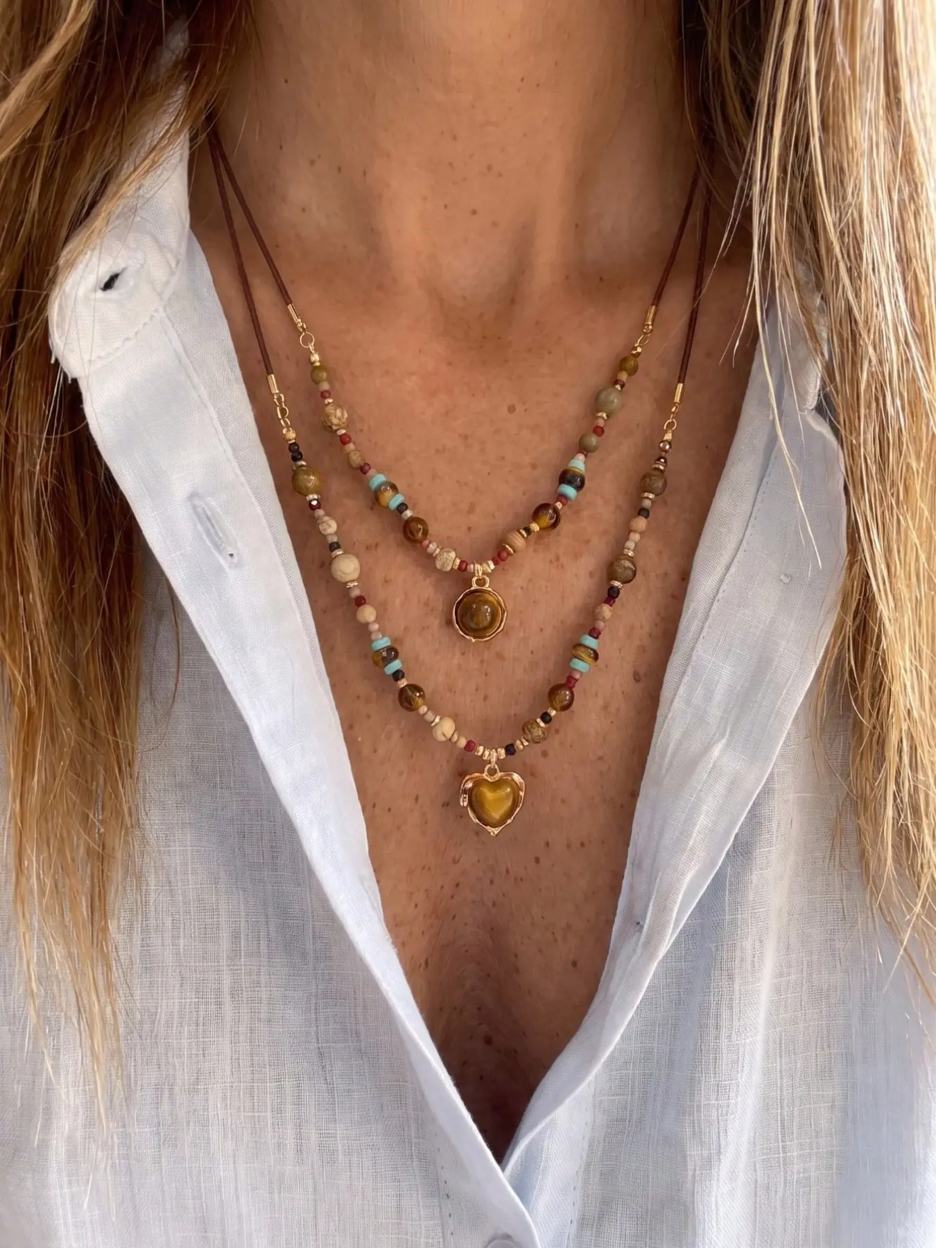 2-piece/set Bohemian Tiger Eye Layered Necklace Set, Vintage Brown Rope Centered Disc Pendant Necklace, Paired with Sweater Women's Y2K Style Jewelry Gift, Stacking Necklace