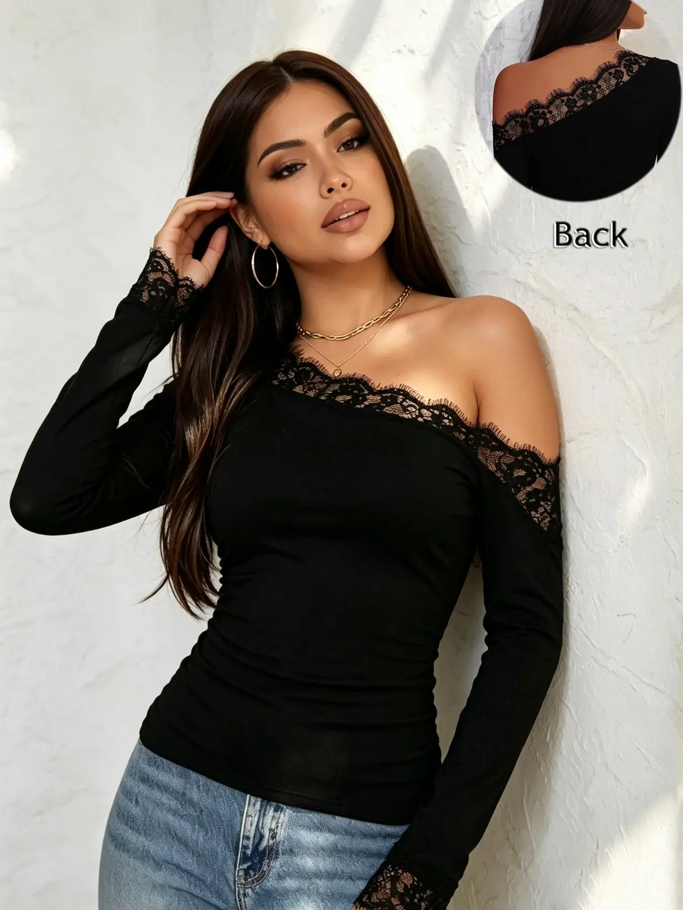 Autumn Winter Asymmetrical Shoulder Lace Long Sleeve Sexy Top, European Style Off-Shoulder Ruffle, Versatile for Office and Dates