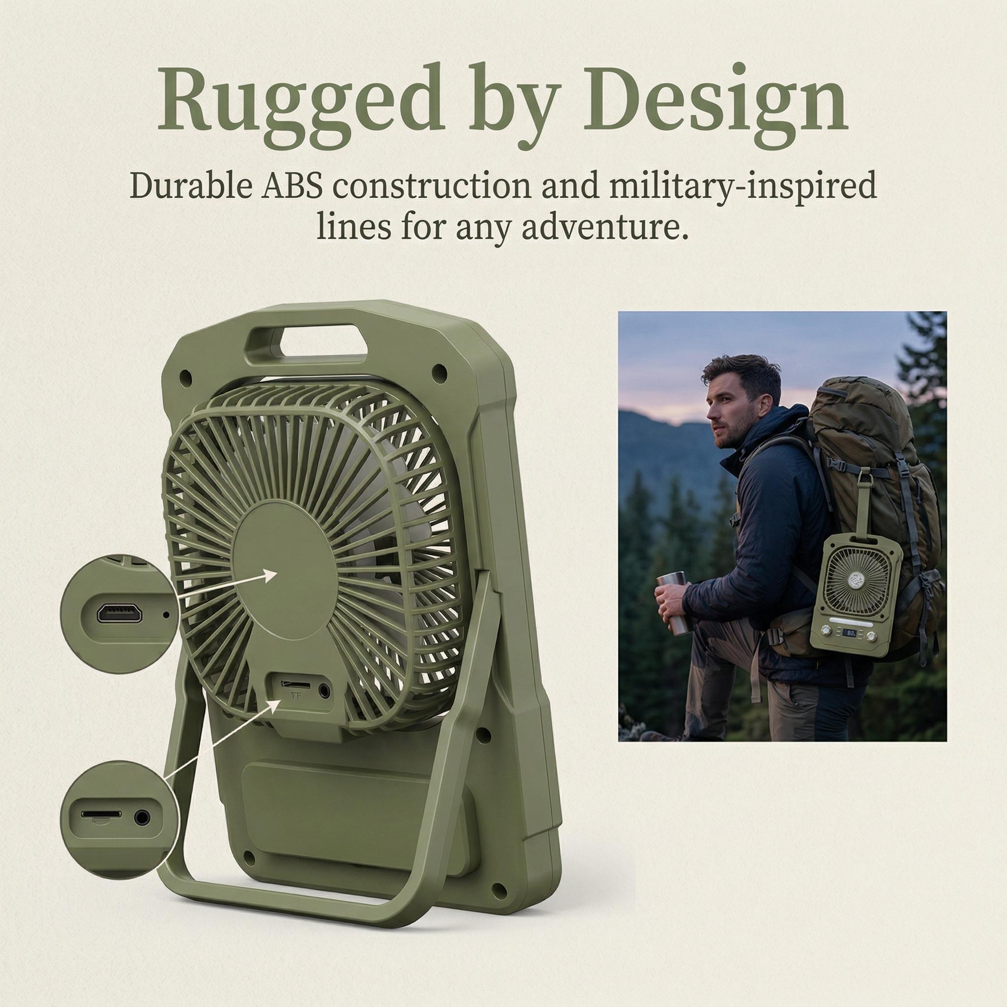 Fan + Speaker + Light in One Portable Camping Fan with 100 Speeds, Bluetooth Audio, SOS Light, Timer & Hanging Design Fan + Speaker + Light in One Portable Camping Fan with 100 Speeds, Bluetooth Audio, SOS Light, Timer & Hanging Design