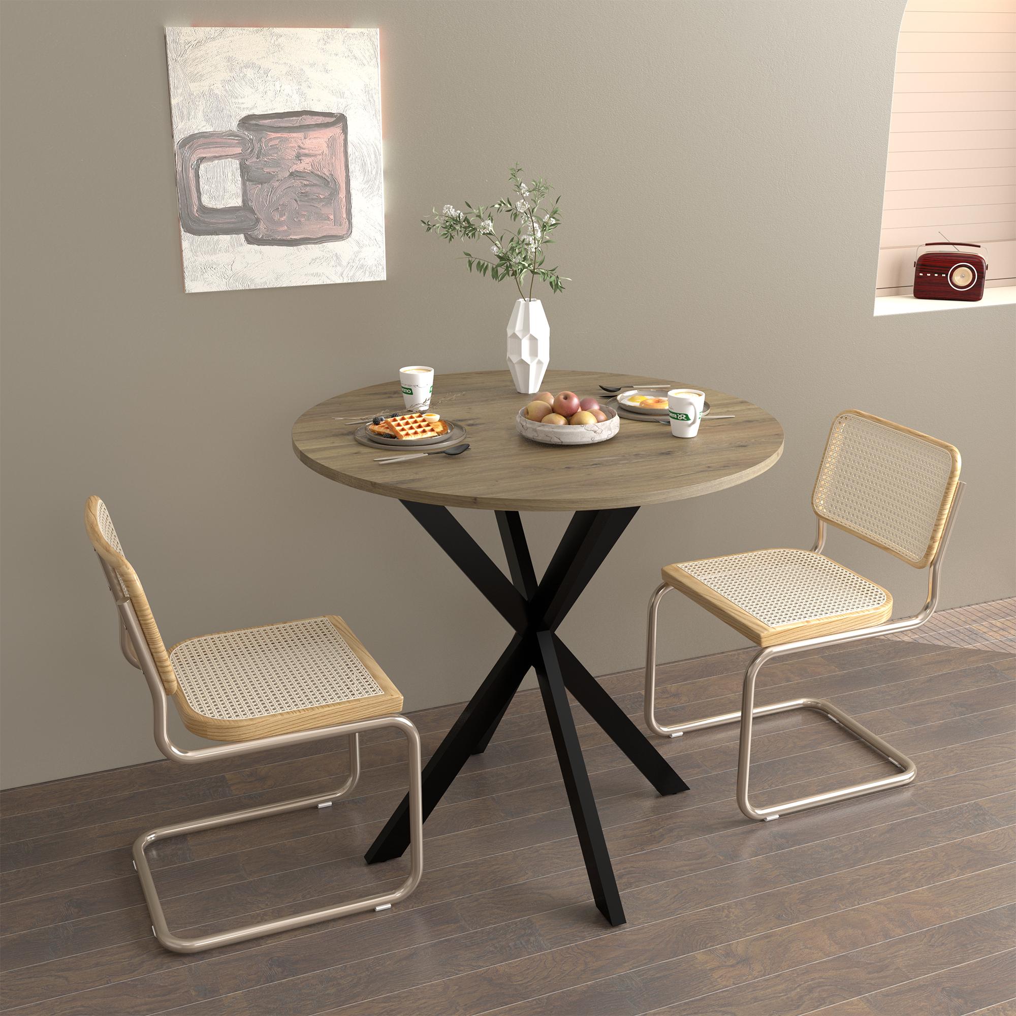 Round Dining Table, Small Circle Kitchen Table with Metal Black Legs for 2-4 people,Modern Dining Room Table, Brown (only table)