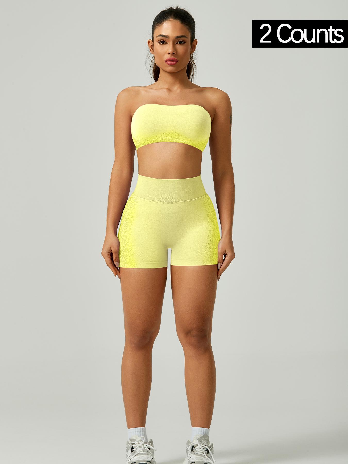 Women's Solid Cross Back Bandeau Top & High Waist Shorts Sports Set, Sporty Casual Breathable Comfortable Two-piece Outfits for Yoga Gym Workout Running, Ladies Spring Sportswear, Workout Running Clothes, Gym Sets