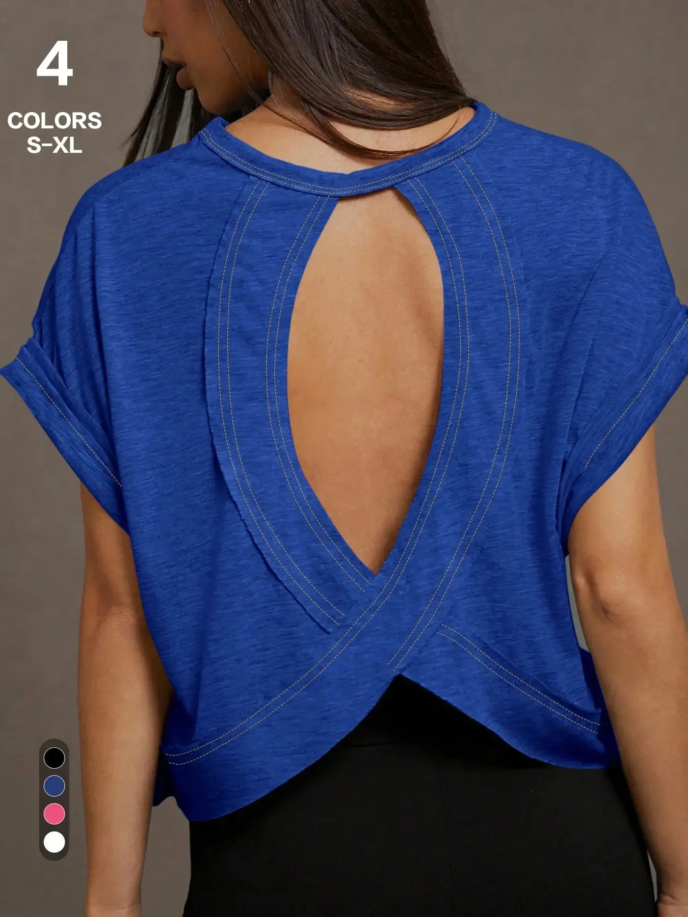 Women's Stylish Short-Sleeve Open-Back Cutout Cropped Tshirt, Loose-Fit Clothes with U-Shaped Cutout, Cross Hem, Drop Shoulder, Solid Streetwear Top for Casual & Workout Use, Baggy, Oversize