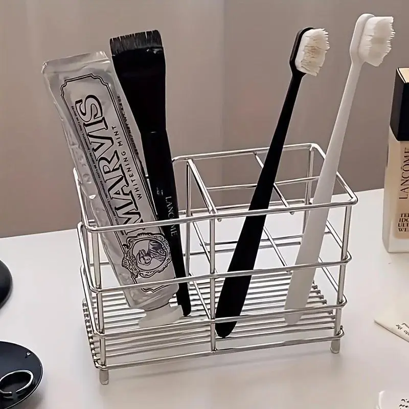 5-Slot Stainless Steel Toothbrush Holder - Space-Saving Freestanding Design, No Installation Required, Ideal for  Bathrooms