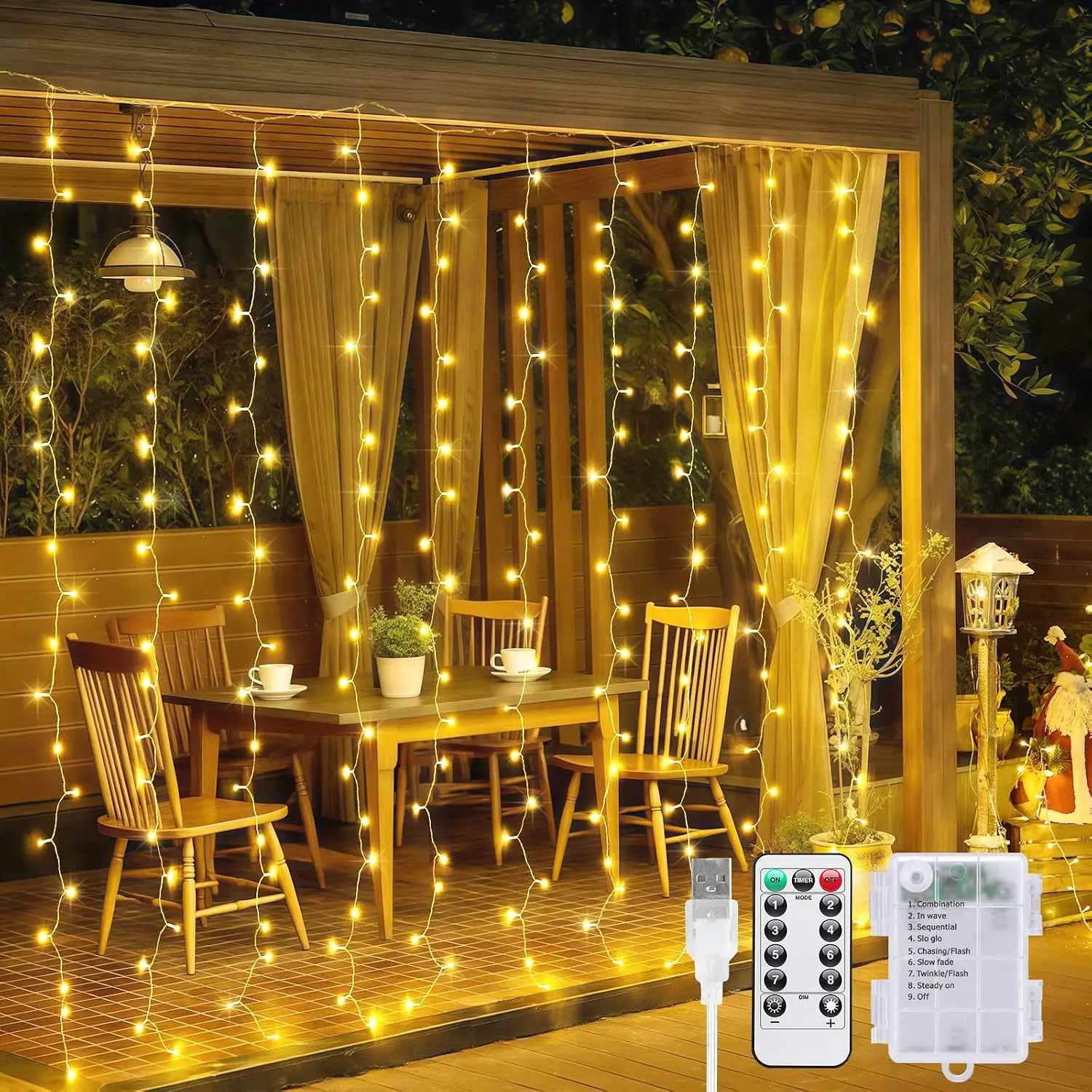 200 LED Curtain Lights, Dual Power Battery & USB Plug-in, Warm White Fairy String Lights for Bedroom, Wedding & Party Decor