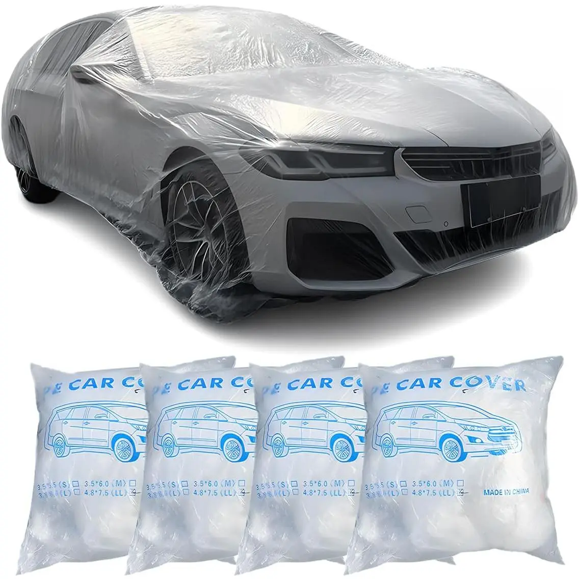 4PCS Disposable Car Cover, 12.5 x 21.7Ft Waterproof Clear Plastic Full Car Cover with Elastic Band, Universal Dustproof Auto Protective Cover, Car Exterior Accessories for Sedan, Truck, SUV