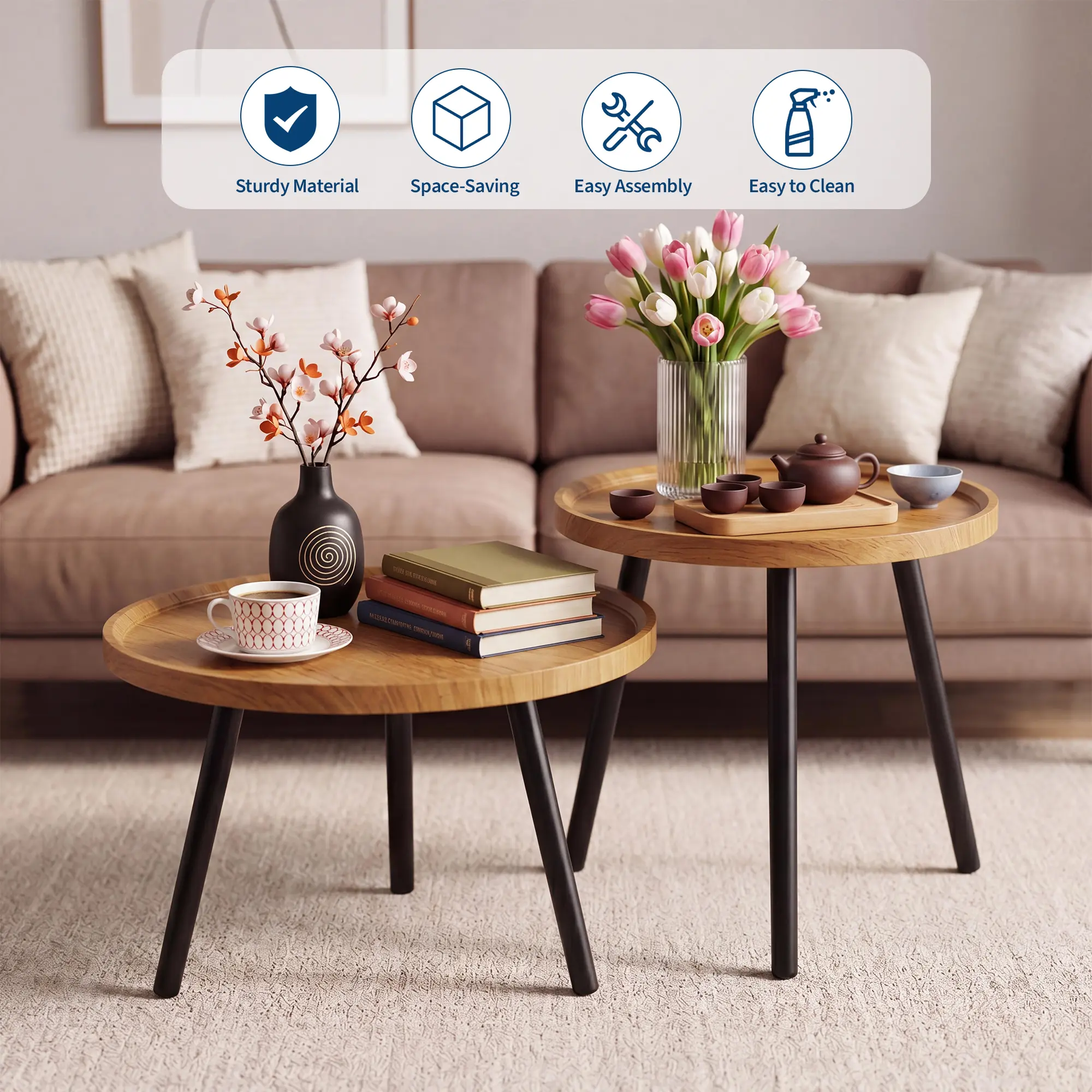 Nesting Coffee Table Set of 2 – Round Wooden Center Table with Metal Legs, Multifunctional Cocktail End Table for Living Room, Bedroom or Office