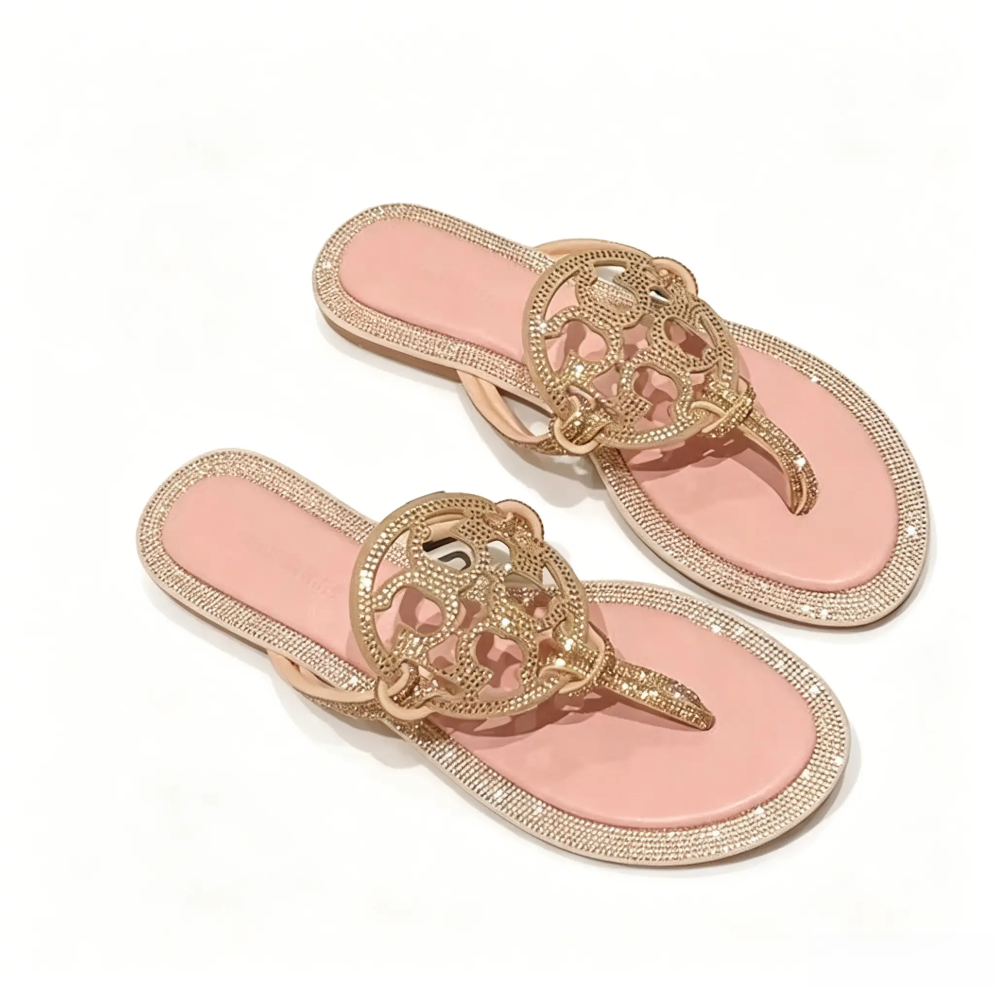 Women's Elegant Gold Rhinestone Flip Flops - Viral TikTok Sports Outdoor Water Footwear, Sparkly Hollow-Out Design, Padded Pink Insole, Comfortable Summer Shoe