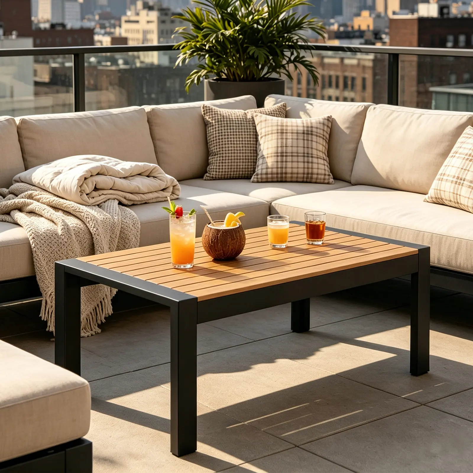 All-Weather Aluminum Patio Coffee Table – Rectangular Outdoor Tea Table – Realistic Wood-Look Top – Durable Metal Garden Furniture – Ideal for Deck, Backyard, Poolside – Dark Gray Spray Plastic