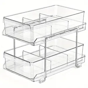 Double-layer bathroom storage rack, transparent multi-functional pull-out storage box with partition design, universal storage organizer for under sinks and cabinets, ideal storage gadget for both kitchen and bathroom