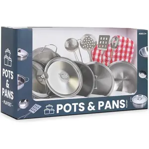 Stainless Steel Pots and Pans - Toy Cookware 9 Piece Playset  Kids Pretend Play House - Great Birthday Gift  Girls