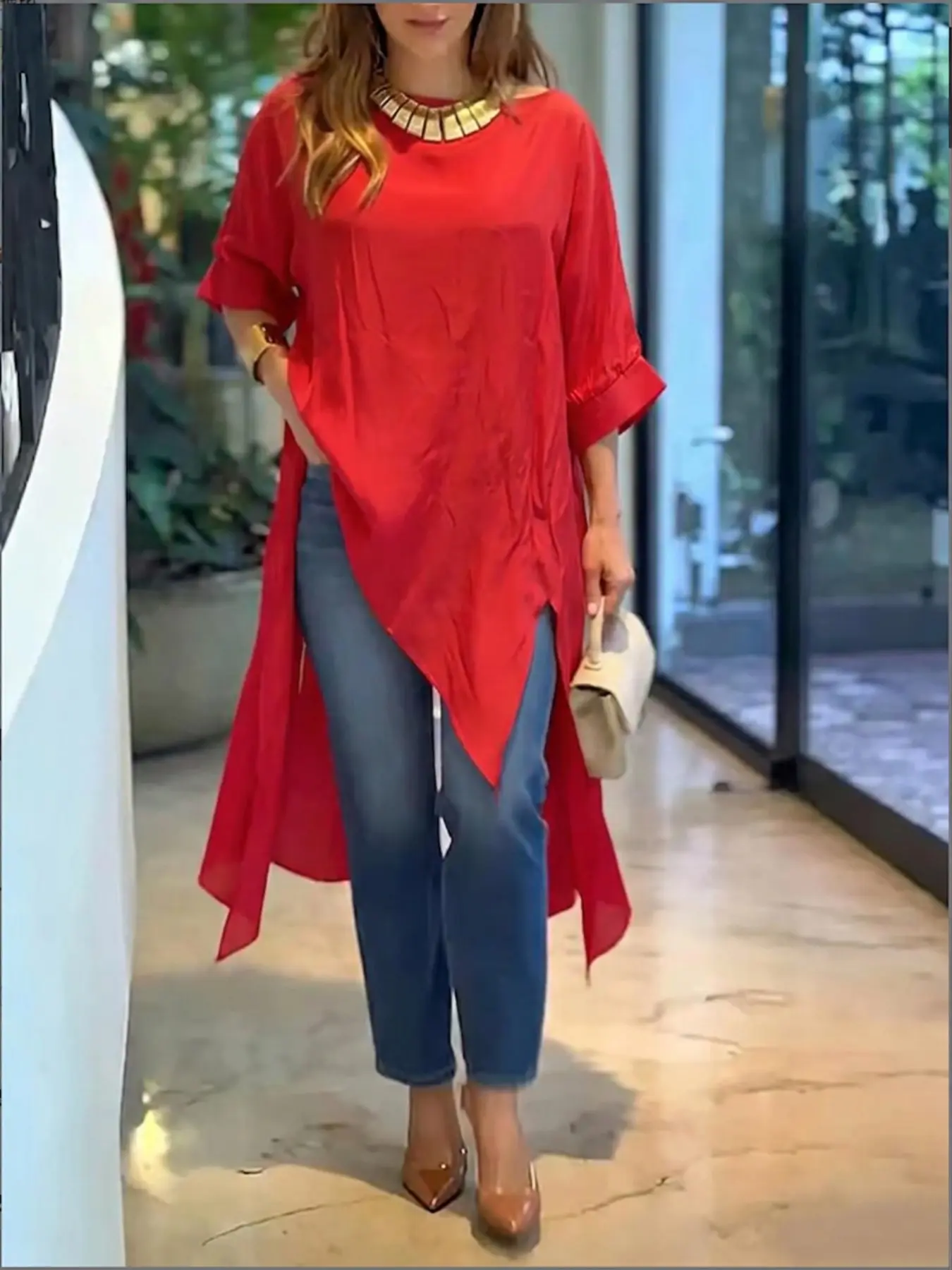 1 Piece Women One Shoulder Short Sleeve Asymmetrical Long Tunic Top Loose Irregular Hem Side Slit Blouse Flowy Blouses Elegant Casual Daily Streetwear Shirt For Ladies Spring Summer Going Out Wear No Necklace